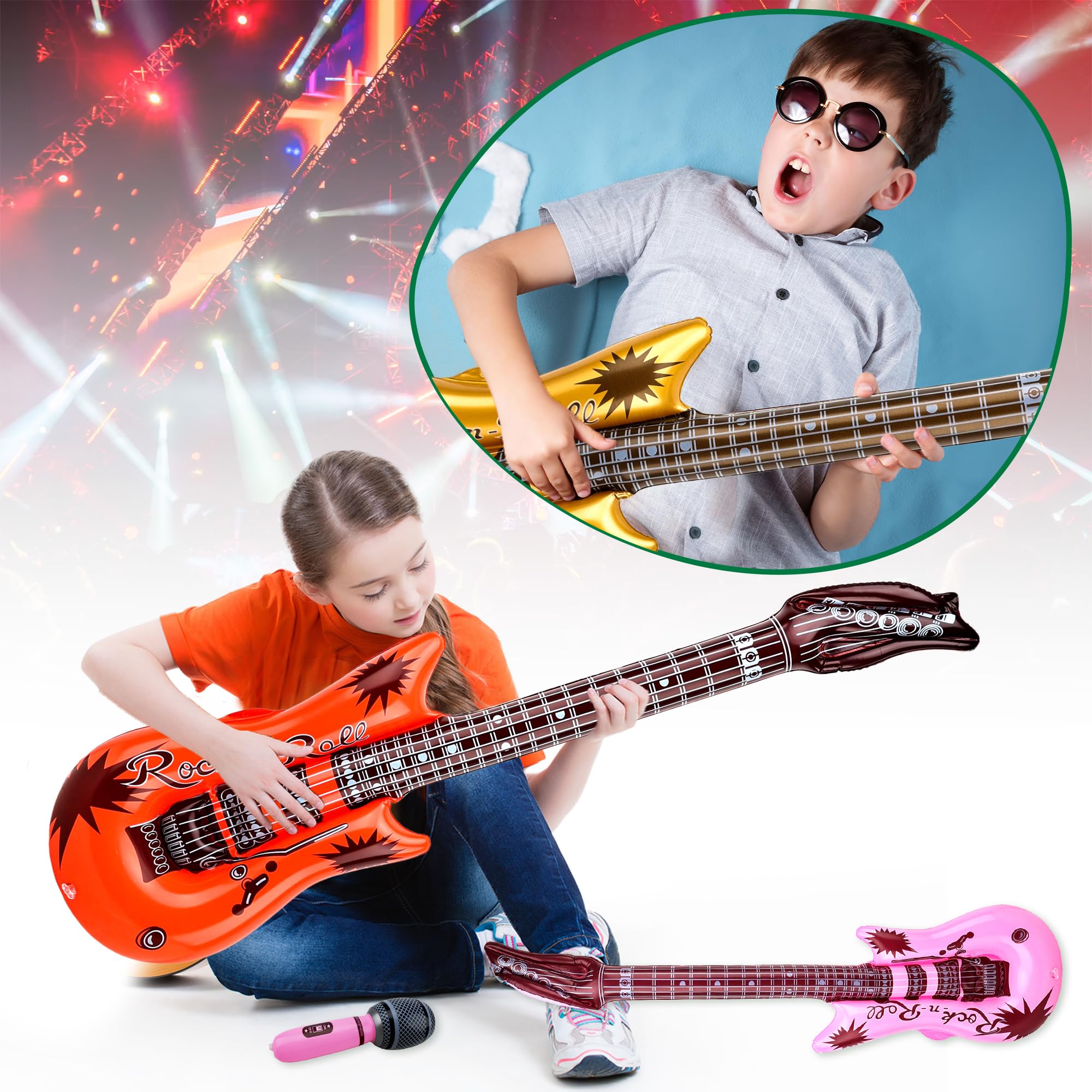 Paquete de 38 juguetes inflables de estrella de rock, incluye 18 piezas de guitarra inflable y 18 micrófonos inflables a granel y 2 bombas de aire para fiesta temática de conciertos musicales 5