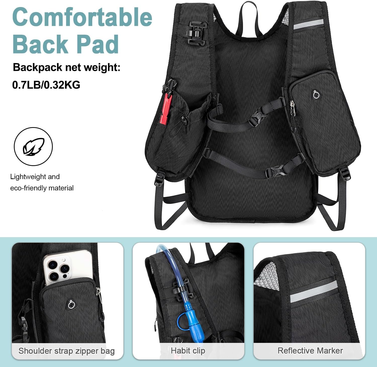 BOVIP Lightweight Hydration Back,15L Multipurpose Hiking Backpack with 1.5L Water Bladder ,Hydro Water Daypack for Cycling Hiking Rave for Men Women - Image 5