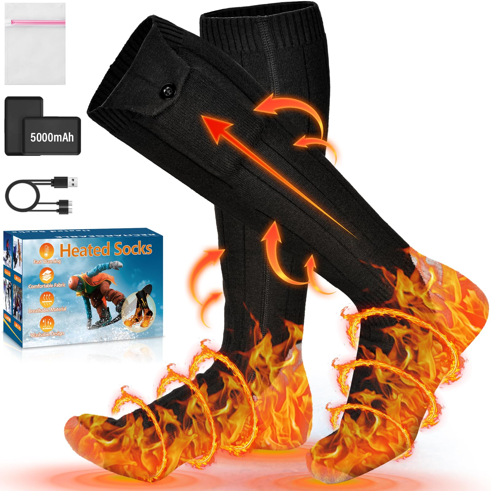 Calcetines Calefactables,5V/5000mAh Recargables Calcetines Electricos Calefactables con 4 Temperaturas,Bateria Calcetines Calefactables Hombres Mujer 36-46,para Esquí,Exterior,Senderismo