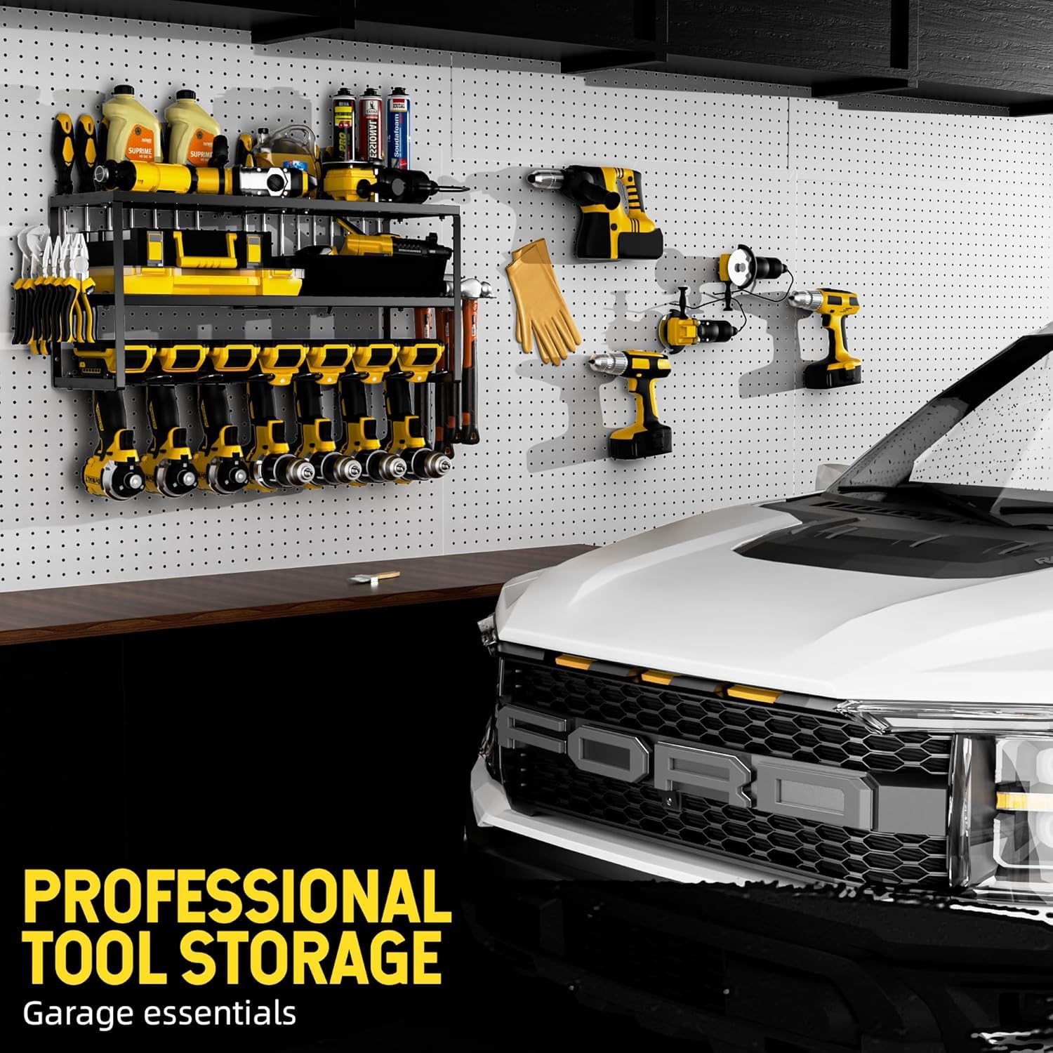Porta attrezzi da parete, Organizer per utensili elettrici con 7 Supporto Trapano e supporto per cacciavite laterale, per l'organizzazione del garage