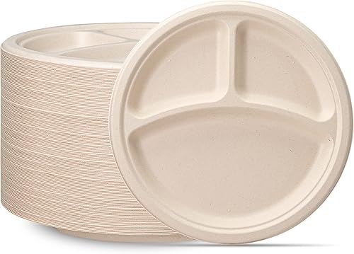 Comfy Package, Paquete de 125 platos 100% compostables de 10 pulgadas, 3 compartimentos, platos desechables ecológicos de papel de caña de azúcar,