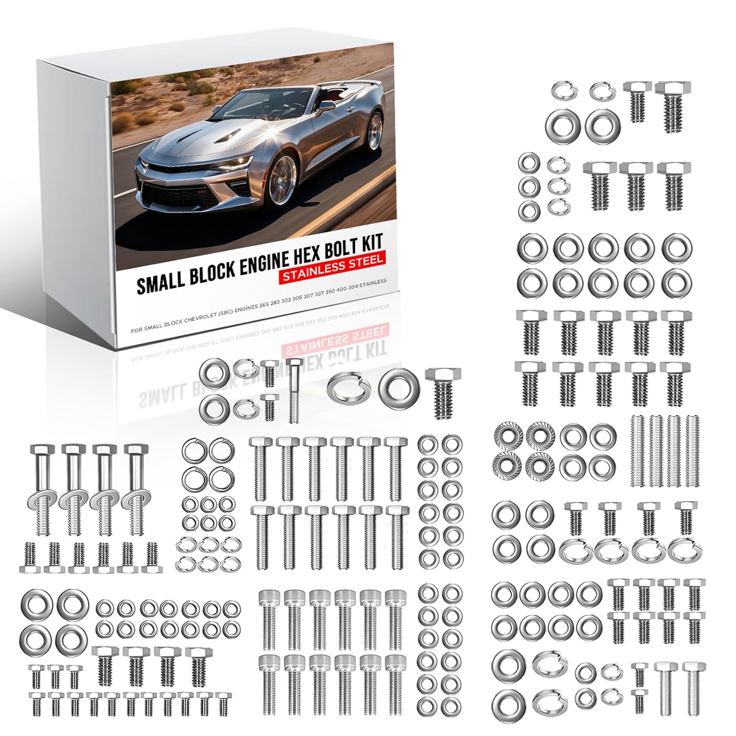 Stainless Steel Small Block Engine Hex Bolt Kit for Small Block Chevrolet (SBC) Engines 265 283 302 305 307 327 350 400-304 Stainless, Non-Corrosive, Complete Restoration Set
