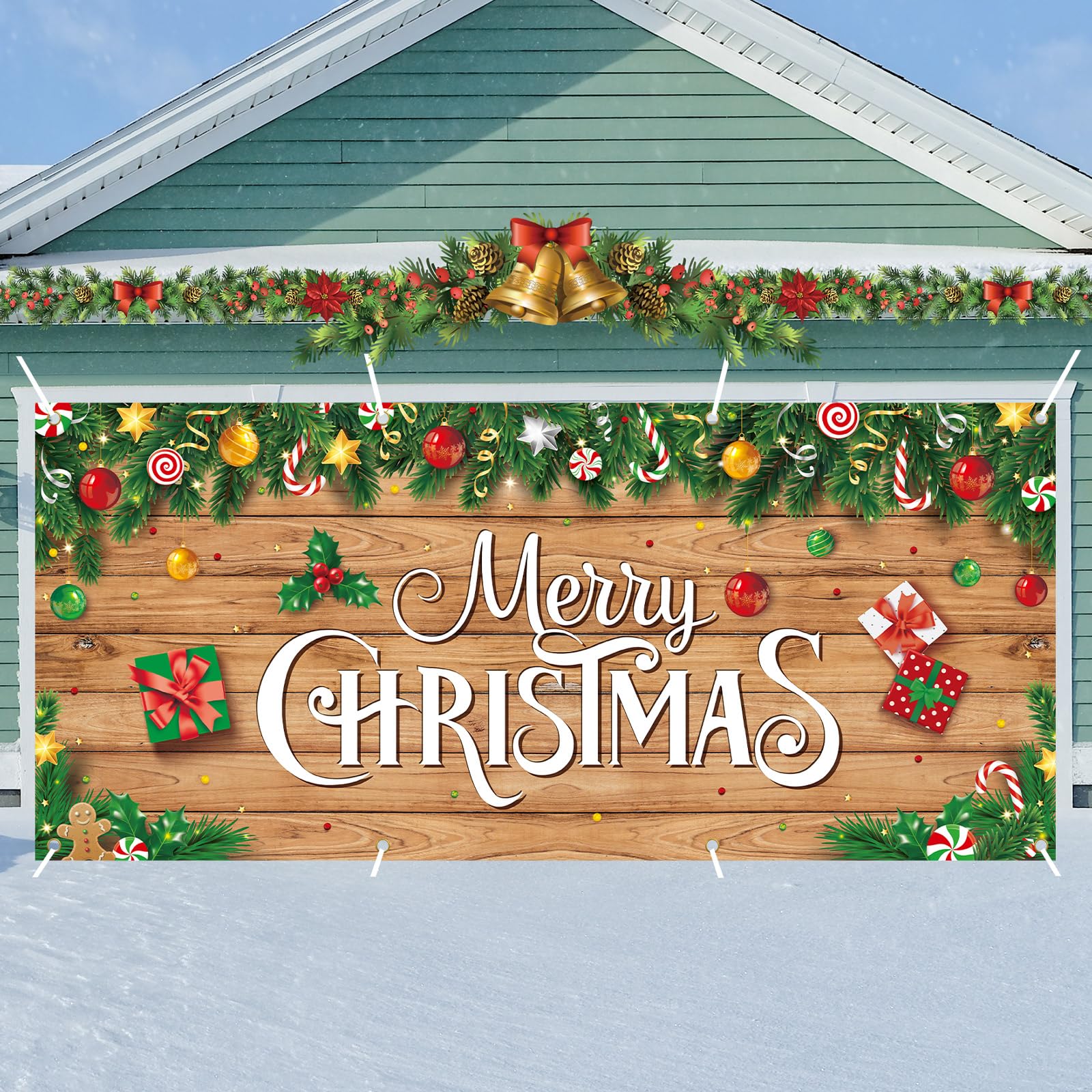 Christmas Garage Door Banner Decoration Magnetic Garage Door Covers Large Christmas Backdrop Decorations for Indoor Outdoor Xmas Party(16 x 7ft,Wood Style)