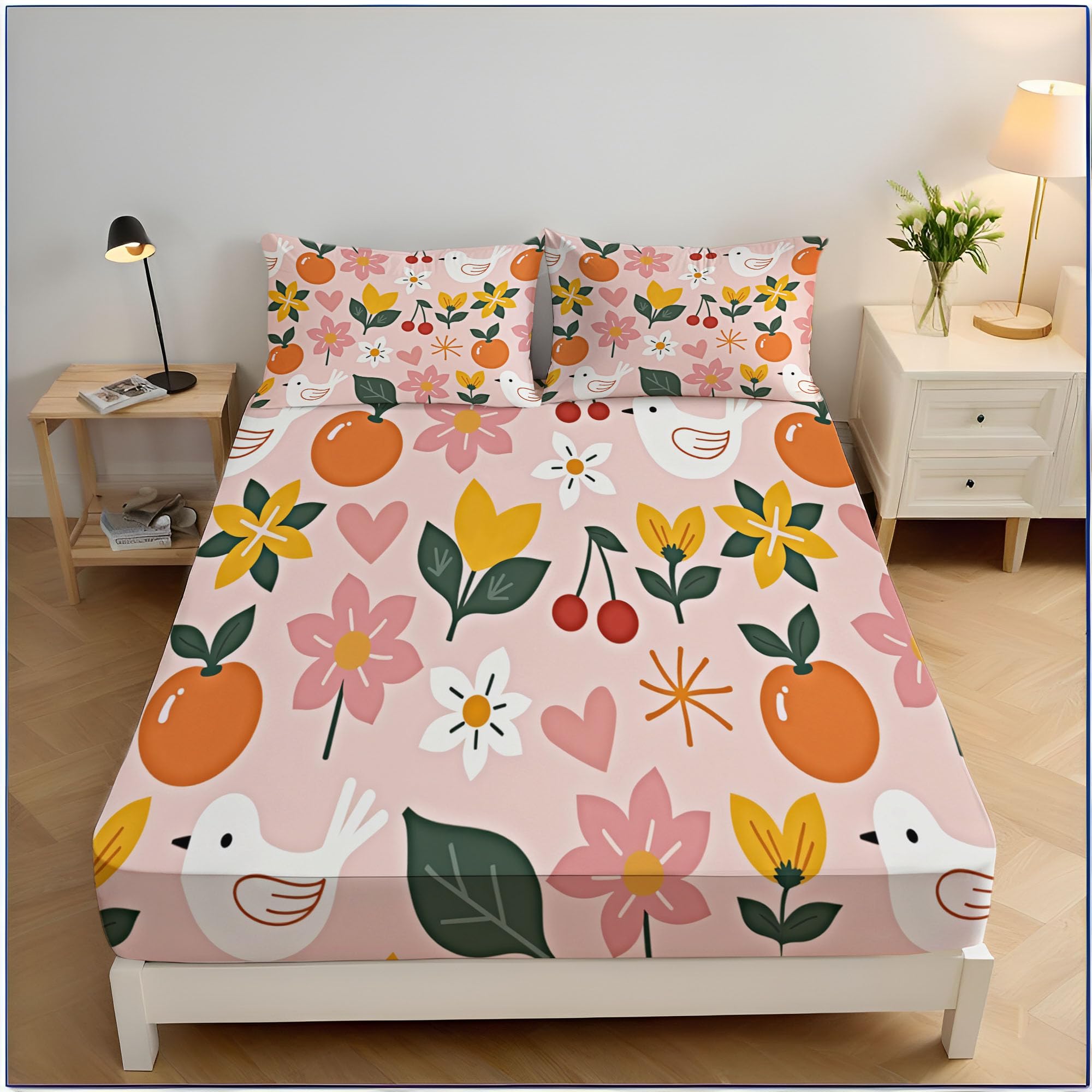 Drap housse 160x200 géométrie oiseaux fleurs grand bonnet 30cm rose