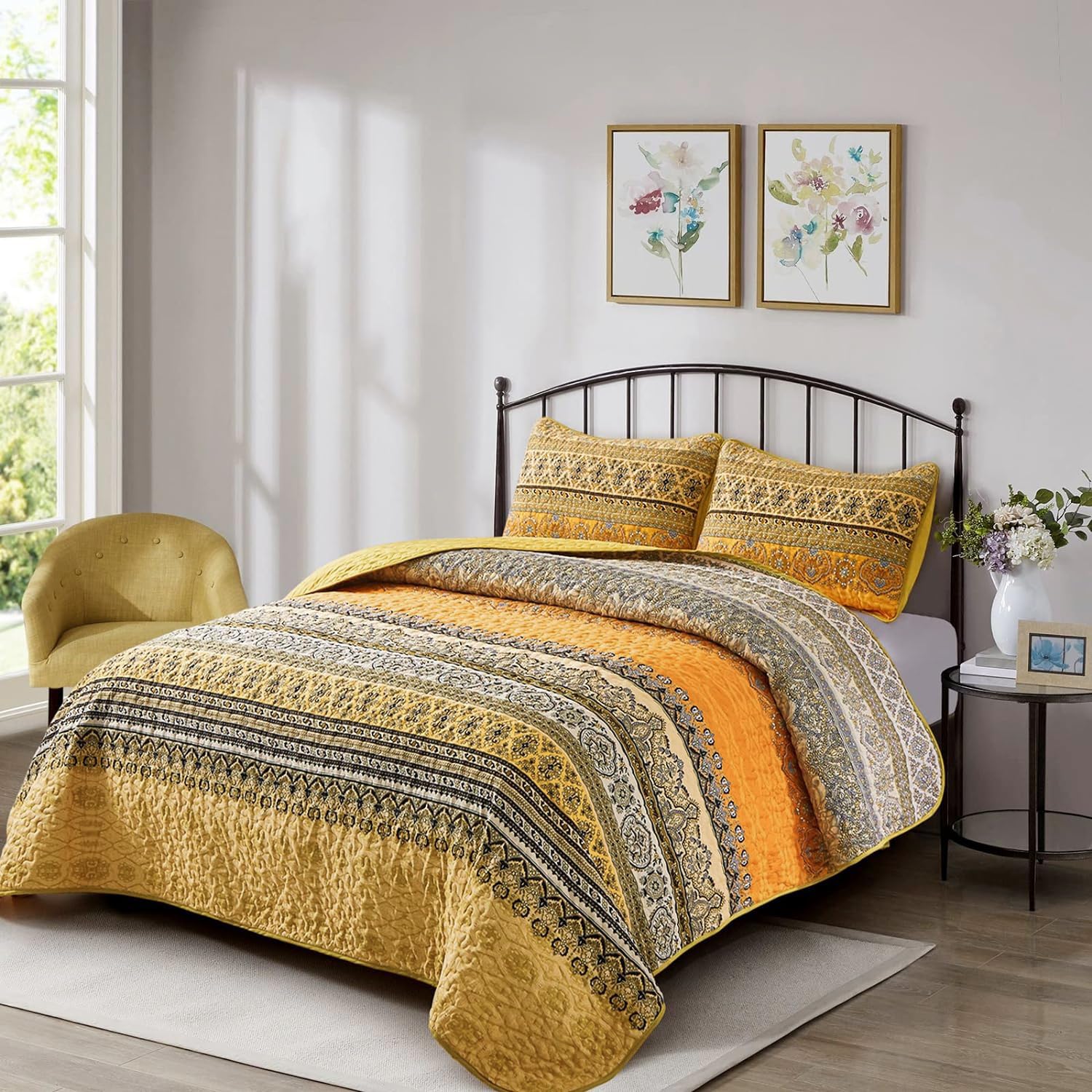 WONGS BEDDING Żółto-pomarańczowa kołdra boho w rozmiarze king size, lekka kołdra z mikrofibry, dekoracja łóżka na każdą porę roku, 260 x 229 cm (3 sztuki)