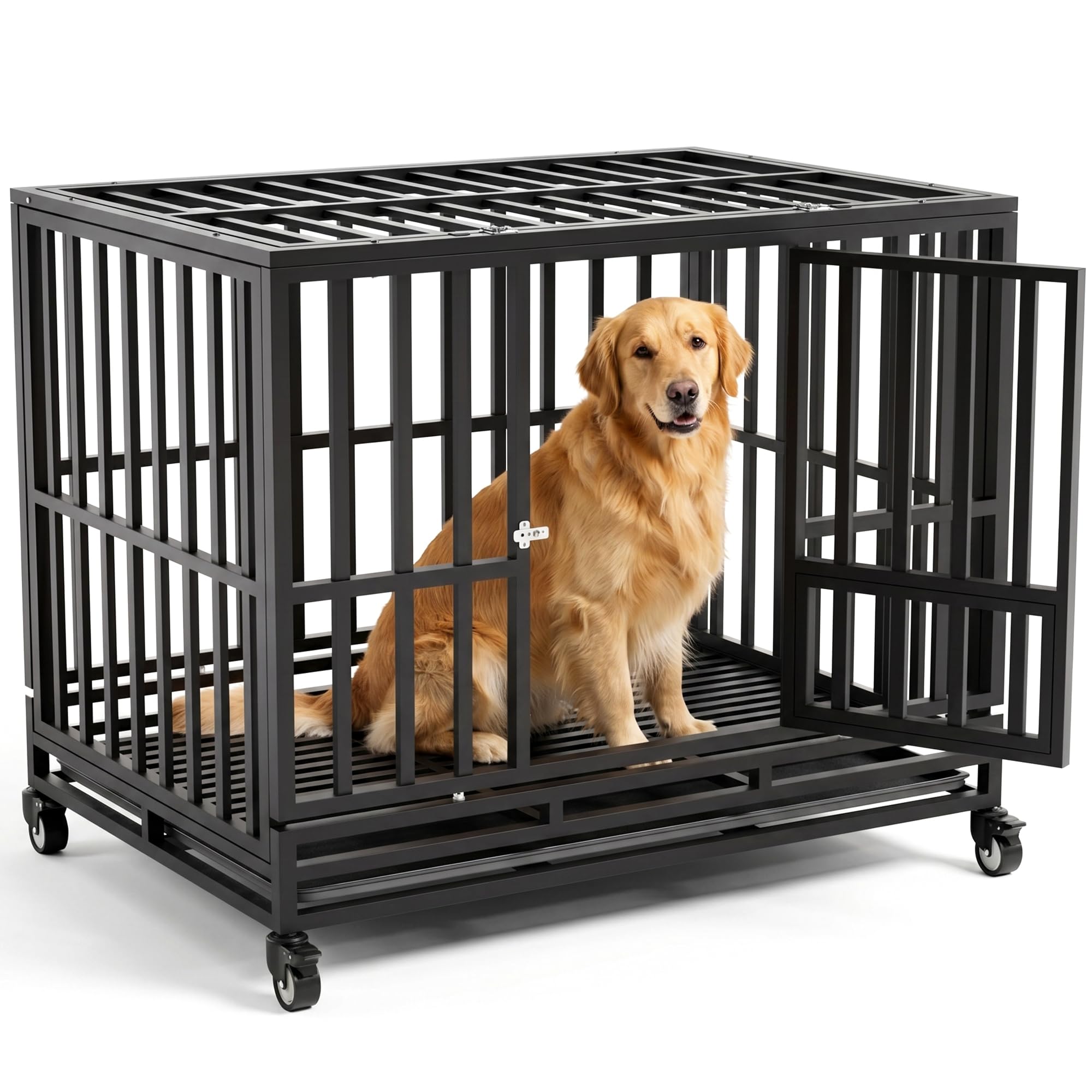 Heavy Duty Dog Crate, 42 inch Extra Large Dog Kennels and Crates with Wheels, 4 Prevent Escape Lock and Removable Tray, Metal Dog Cage Tear Resistant Square Tube XL (107x77x94cm)