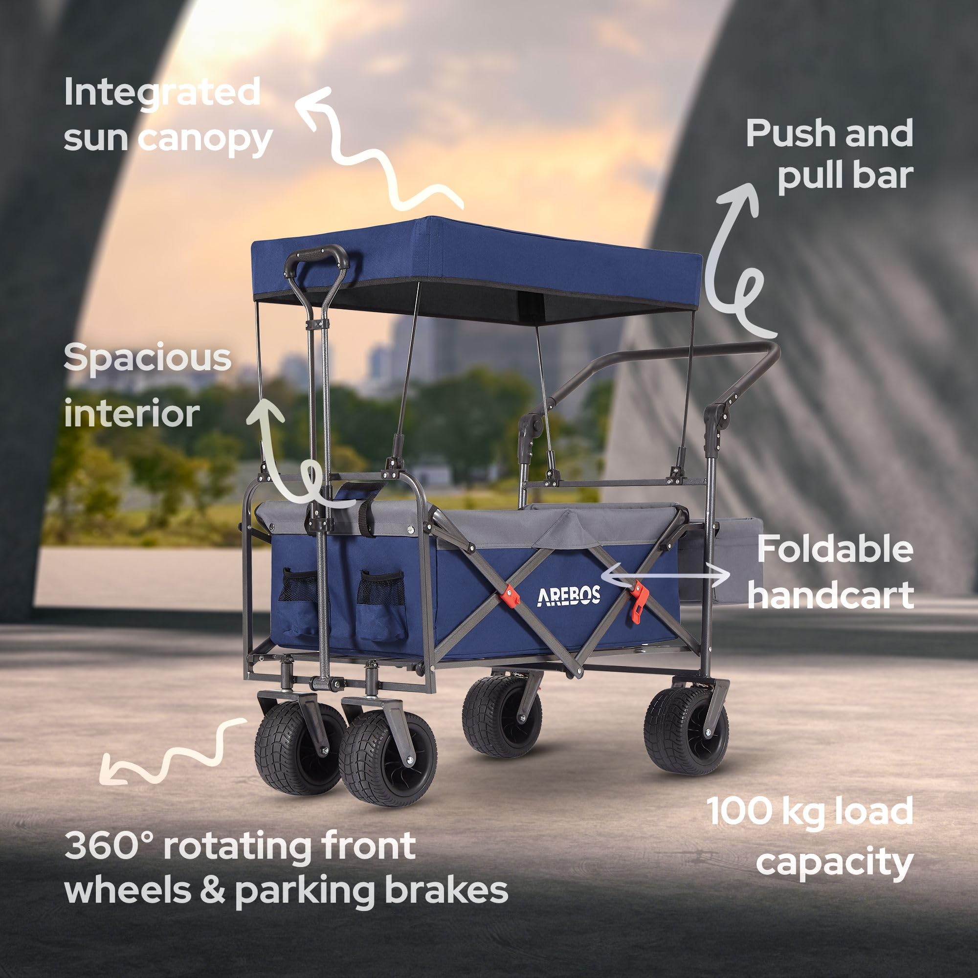 Arebos Carro Plegable con Techo | de Mano de Lujo | Carro de Transporte | Bolsa XXL | Plegable | hasta 100 kg | Carro para Herramientas | Ruedas Delanteras giratorias 360° | Azul