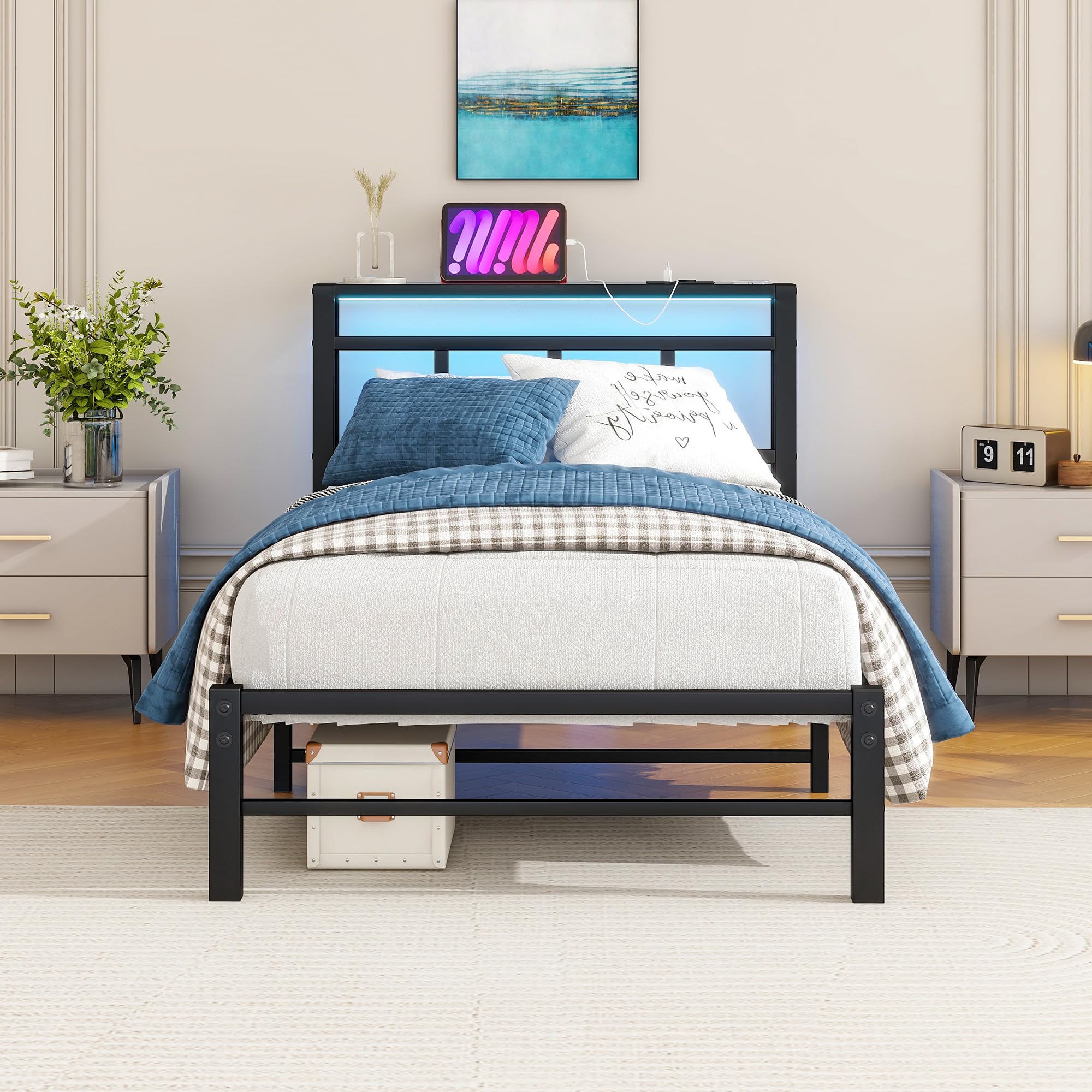 VECOCHO 3ft Single Bed Frame with Storage Headboard & LED Lights,Black