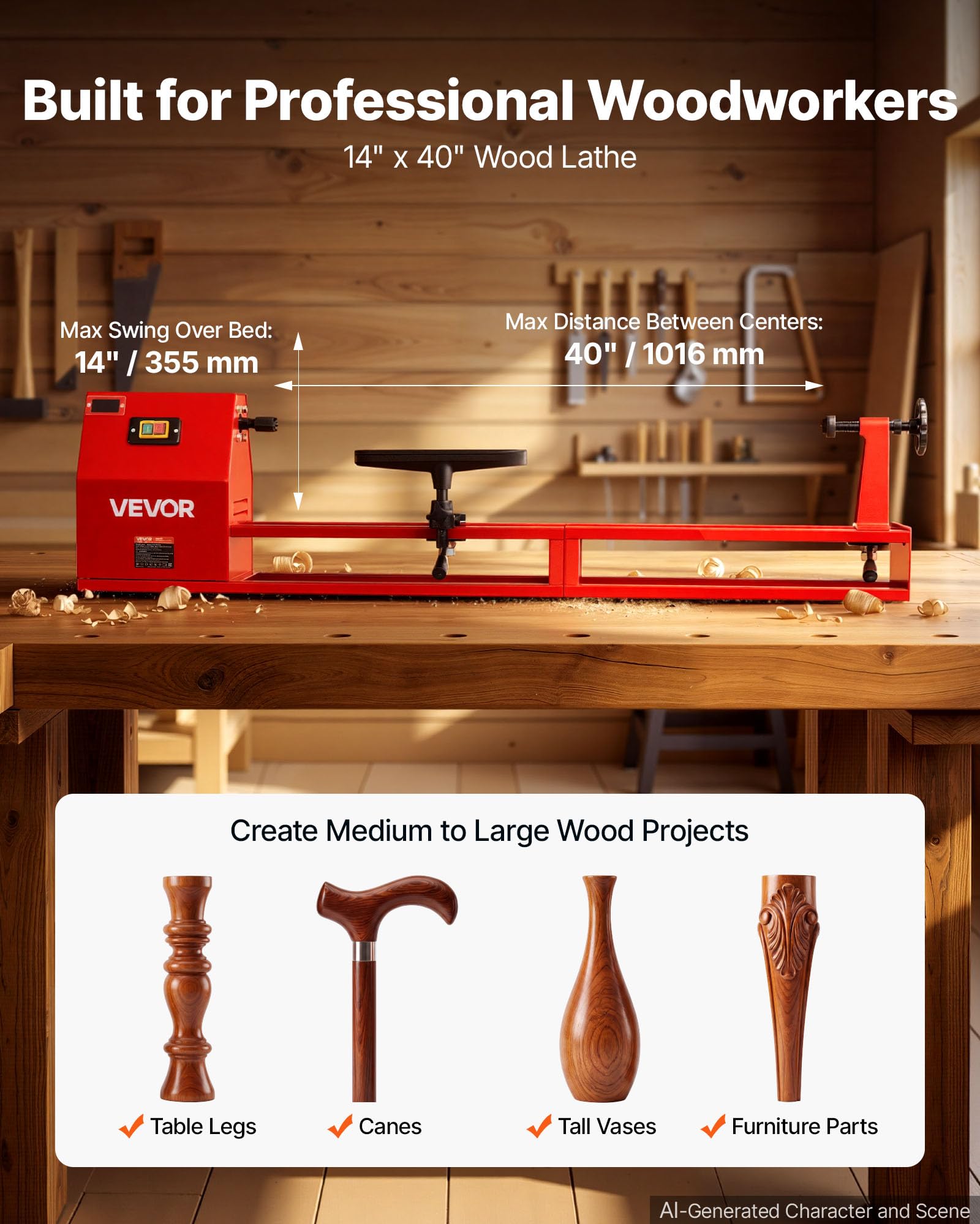 VEVOR Tornio per Legno da Banco 375 W 355 x 1016 mm 4 Velocità Regolabili