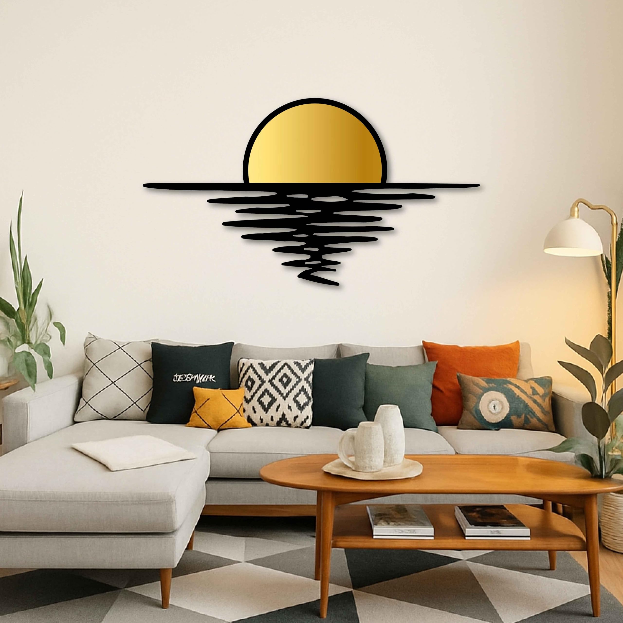 Wandkunst, Motiv: Sonnenuntergang, goldfarben und schwarz, Metall, abstrakter Sonnenaufgang, Heimdekoration, große Metall-Wanddekoration über dem Sofa oder über dem Bett, Hochzeitsgeschenk