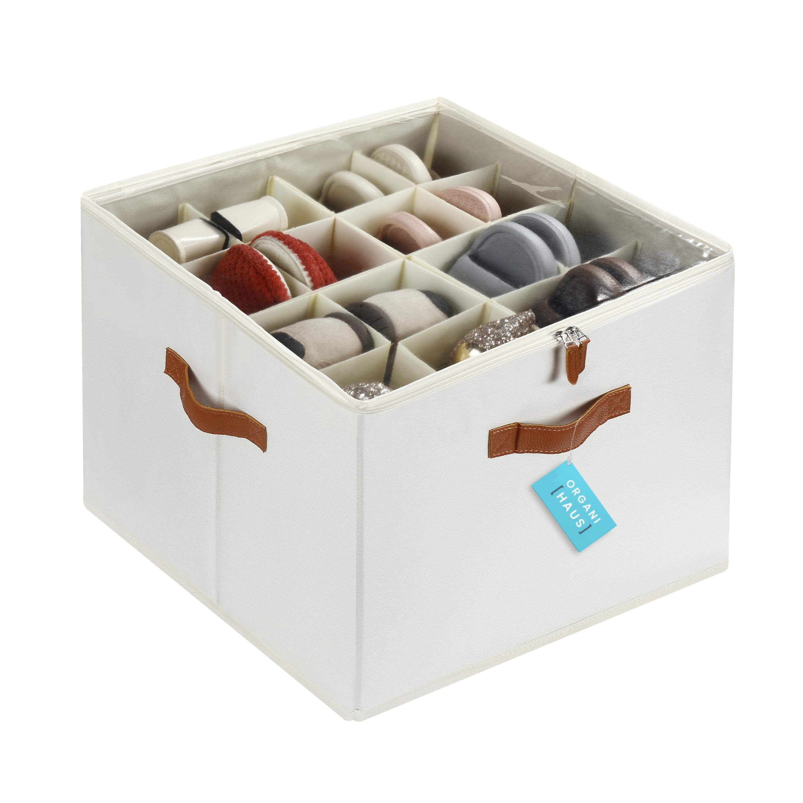OrganiHaus Shoe Organizer for Closet and Entryway, Fits up to 16 Pairs, Large Shoe Storage Box, Collapsible Shoes Storage Bin, Shoes Container w/Reinforced Handles and Clear Cover - Off-White