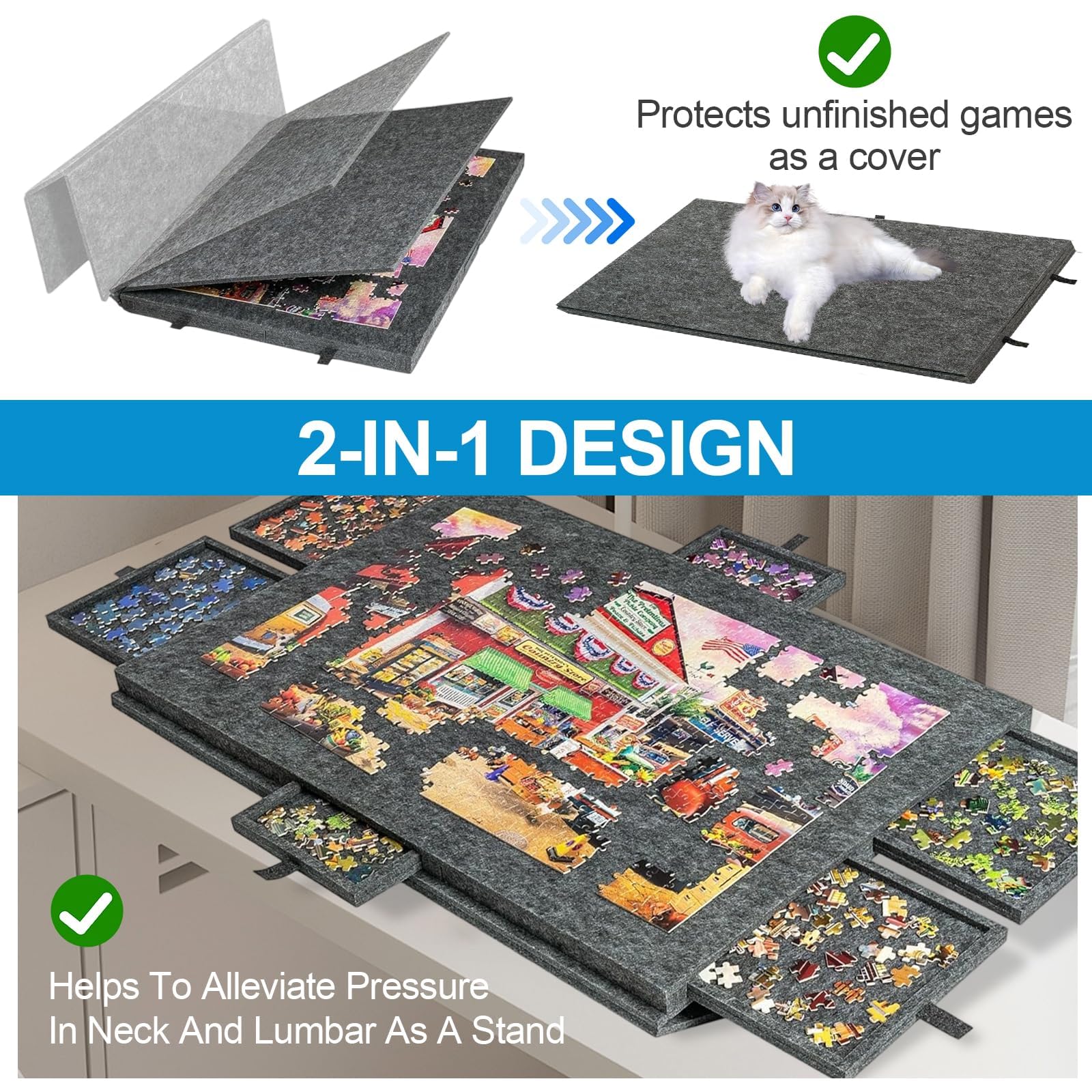 Tablica do układania puzzli, filcowy, składany, uchylny stolik do puzzli, lekki futerał do przechowywania z 6 szufladami, dla dorosłych i dzieci light-gray 1000PCS