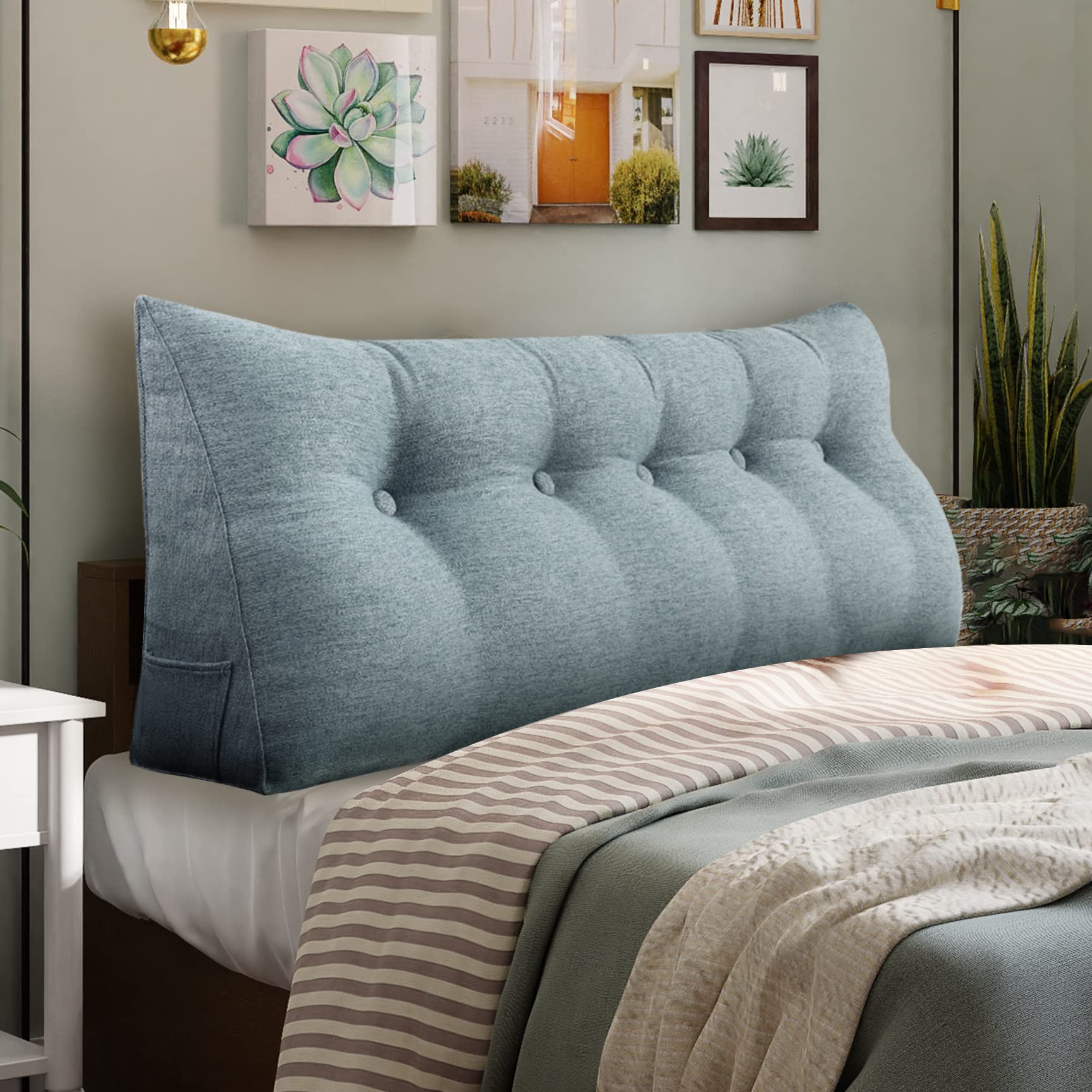 WOWMAX Triangular Wege Pillow Large Bolster Headboard Backrest Positioning Back Support Pillow for Reading and BedRest with Removable Cover Grey King