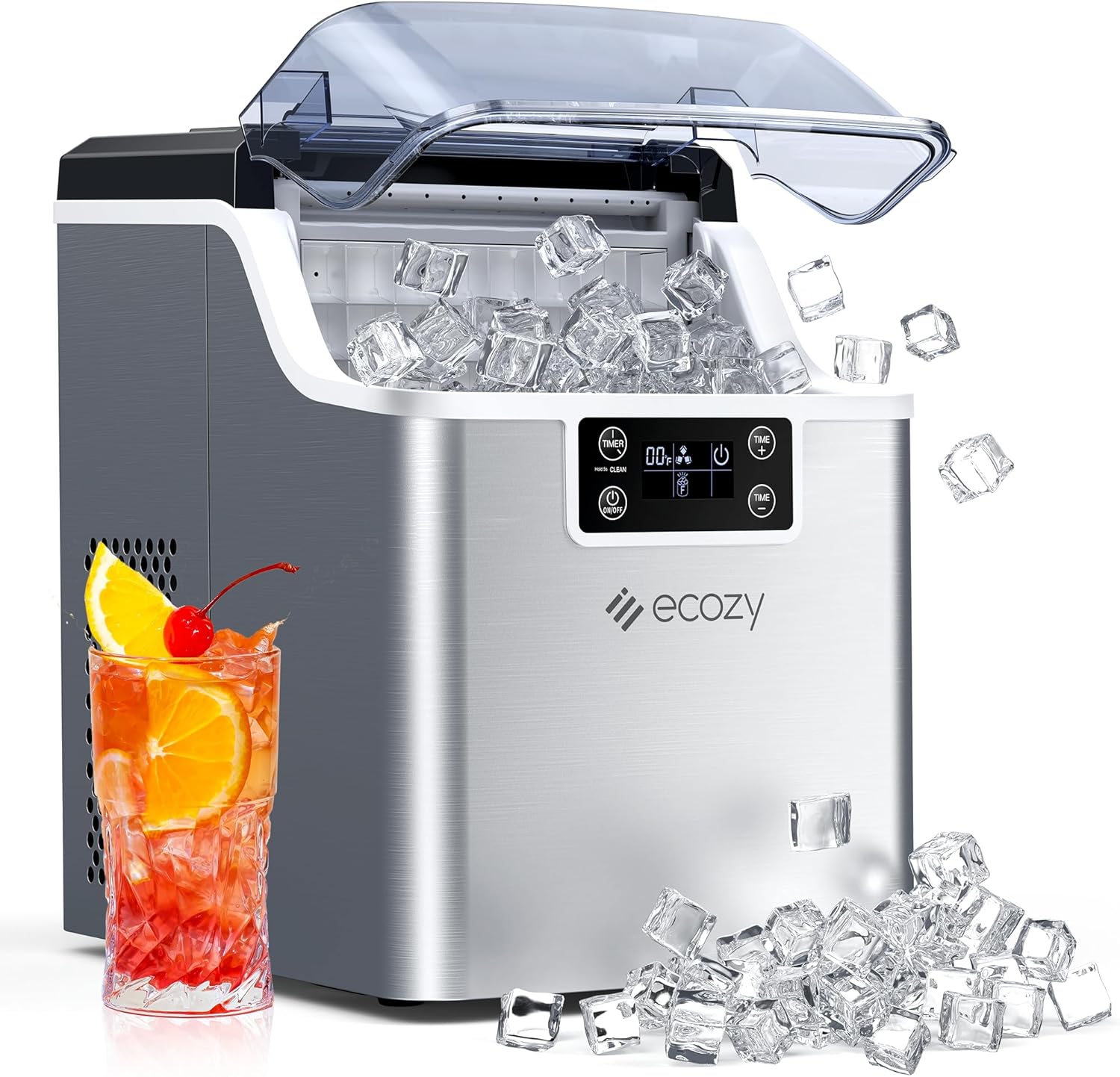 ecozy Ice Cube Makers Countertop, 45 lbs Per Day Portable Ice Machine, 24 Cubes Ready in 13 Mins, Self-Cleaning Function, Perfect for Home Kitchen Bar Office, Stainless Steel