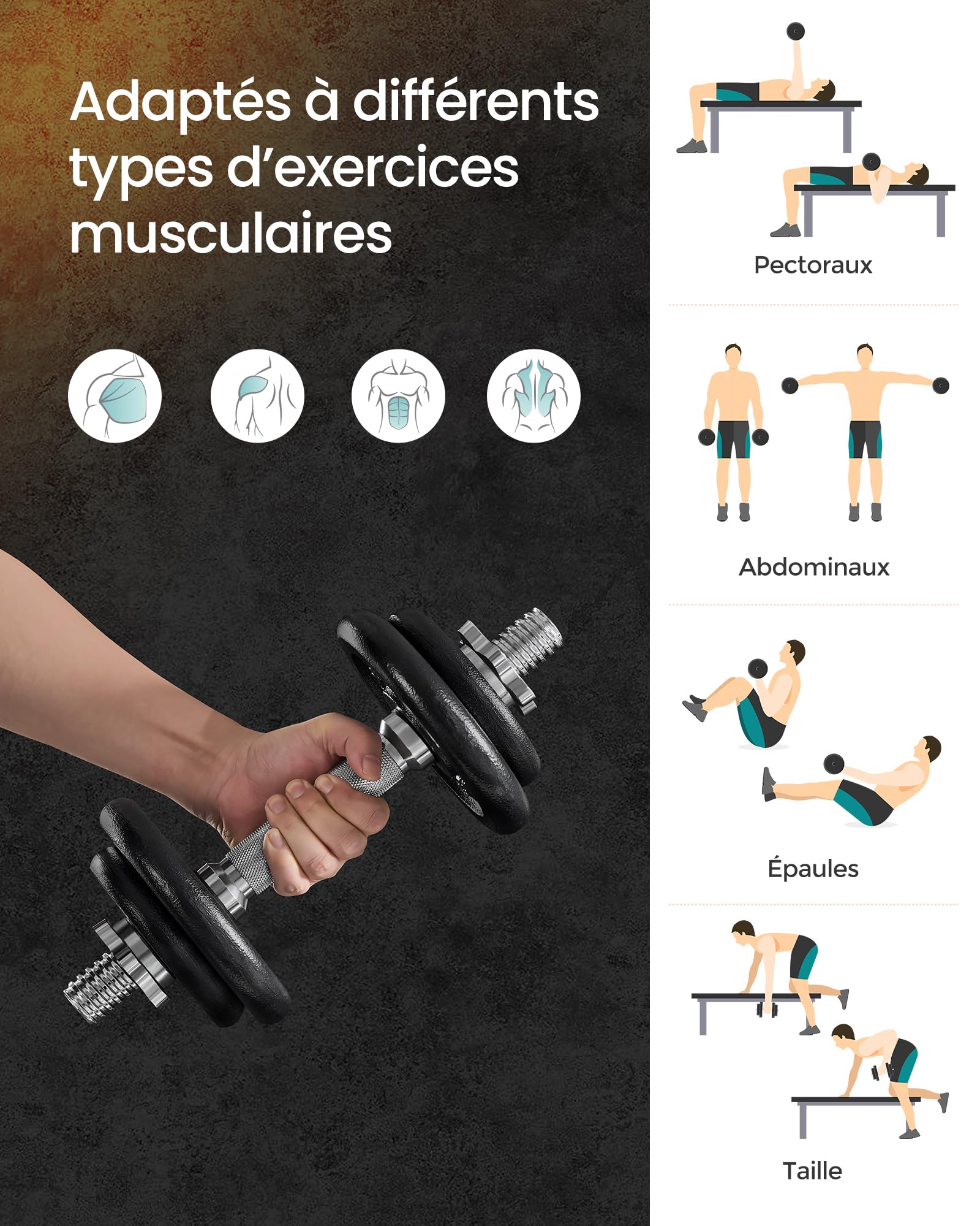 SONGMICS Kit haltères Musculation, avec Barre d’Extension, Poids Ajustable，pour Hommes et Femmes, Musculation, Prise de Masse à la Maison, 1 Paire