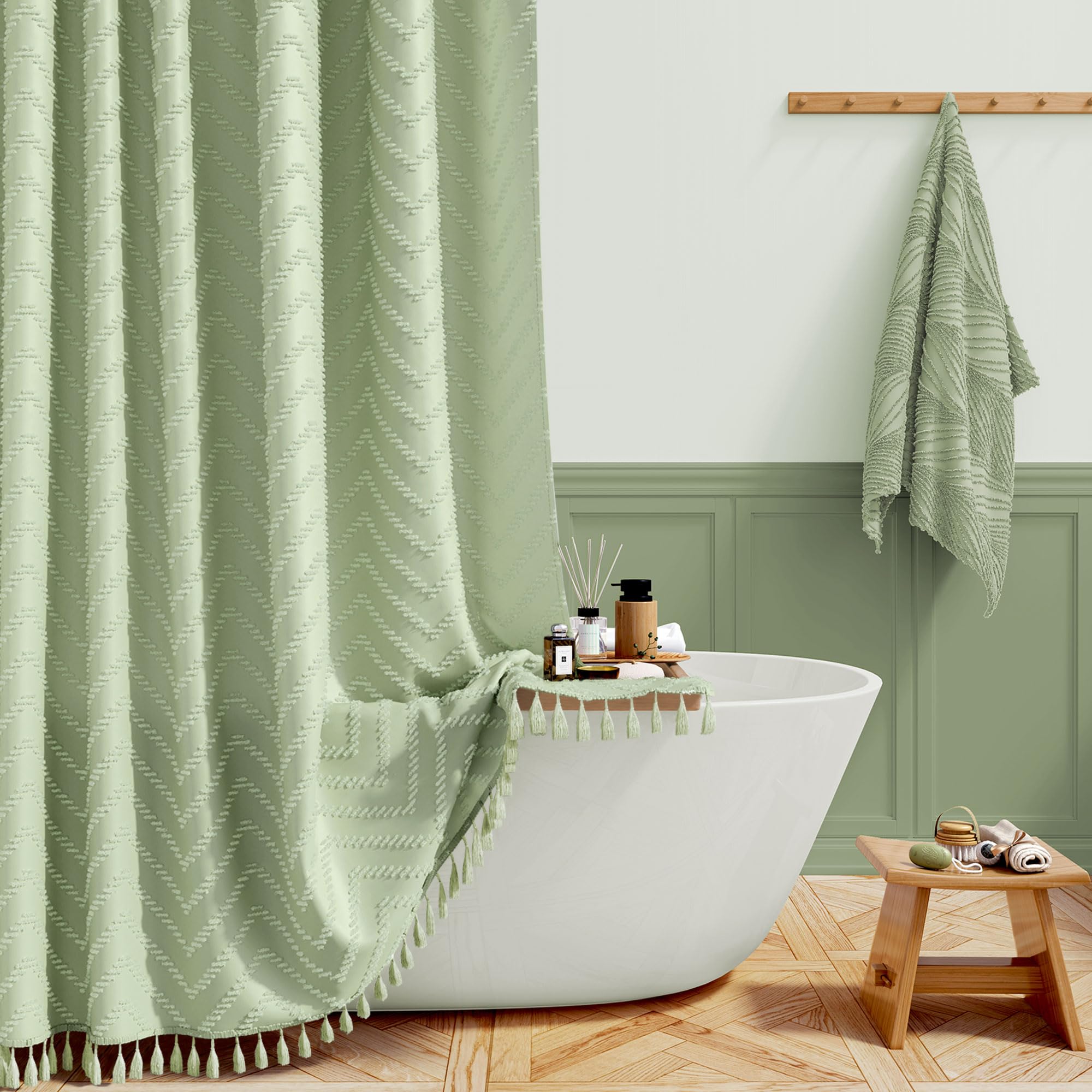 Bttn Green Boho Farmhouse Shower Curtain, Tufted Chevron Striped Tassel Shower Curtains, Durable And Washable With 12 Plastic Hooks, Vintage Bohemian, 182 X 182Cm, Sage