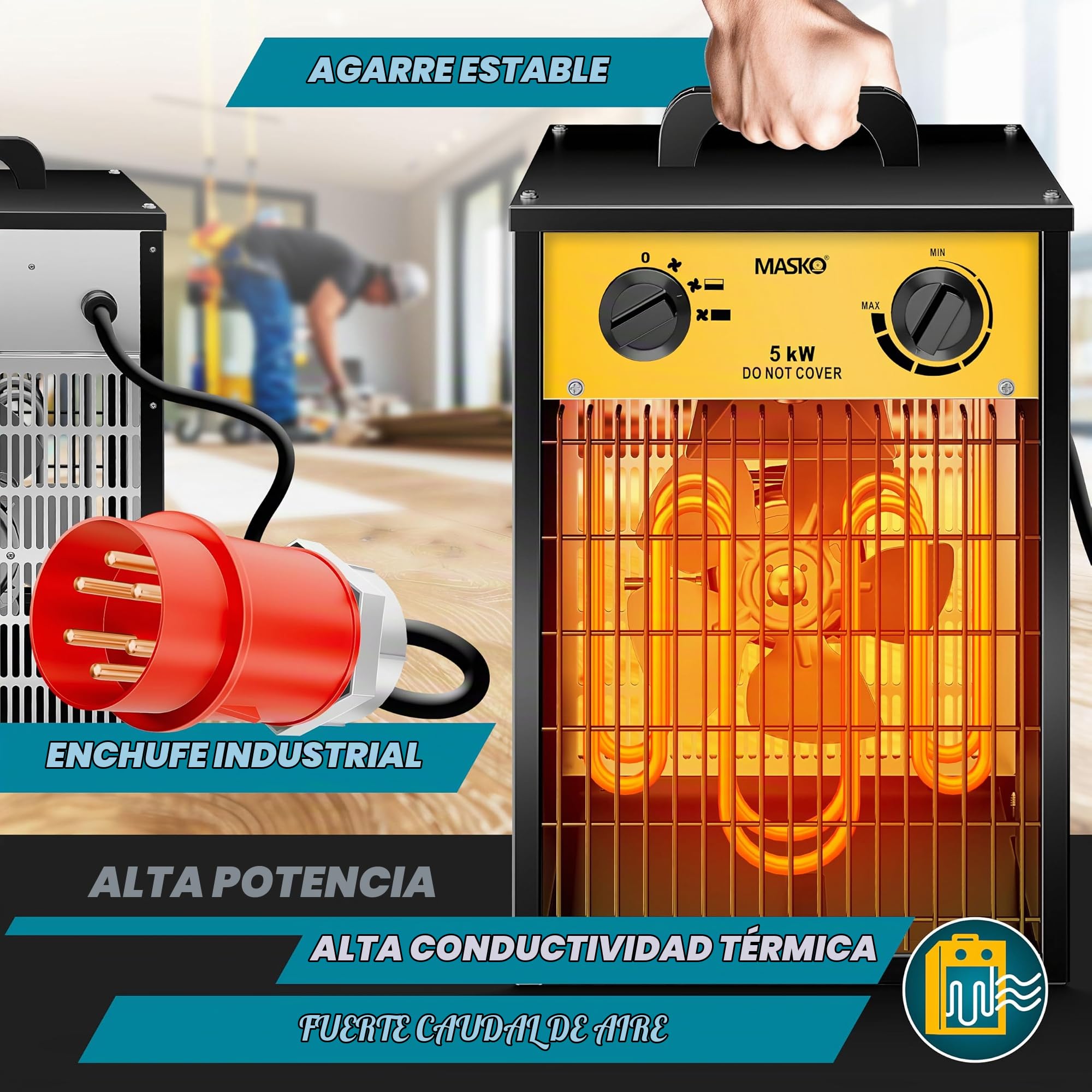 MASKO® Calentador eléctrico calentador de construcción con termostato integrado, calentador eléctrico con 3 etapas de calentamiento, calentador de ventilador para uso interior, amarillo, 5 KW