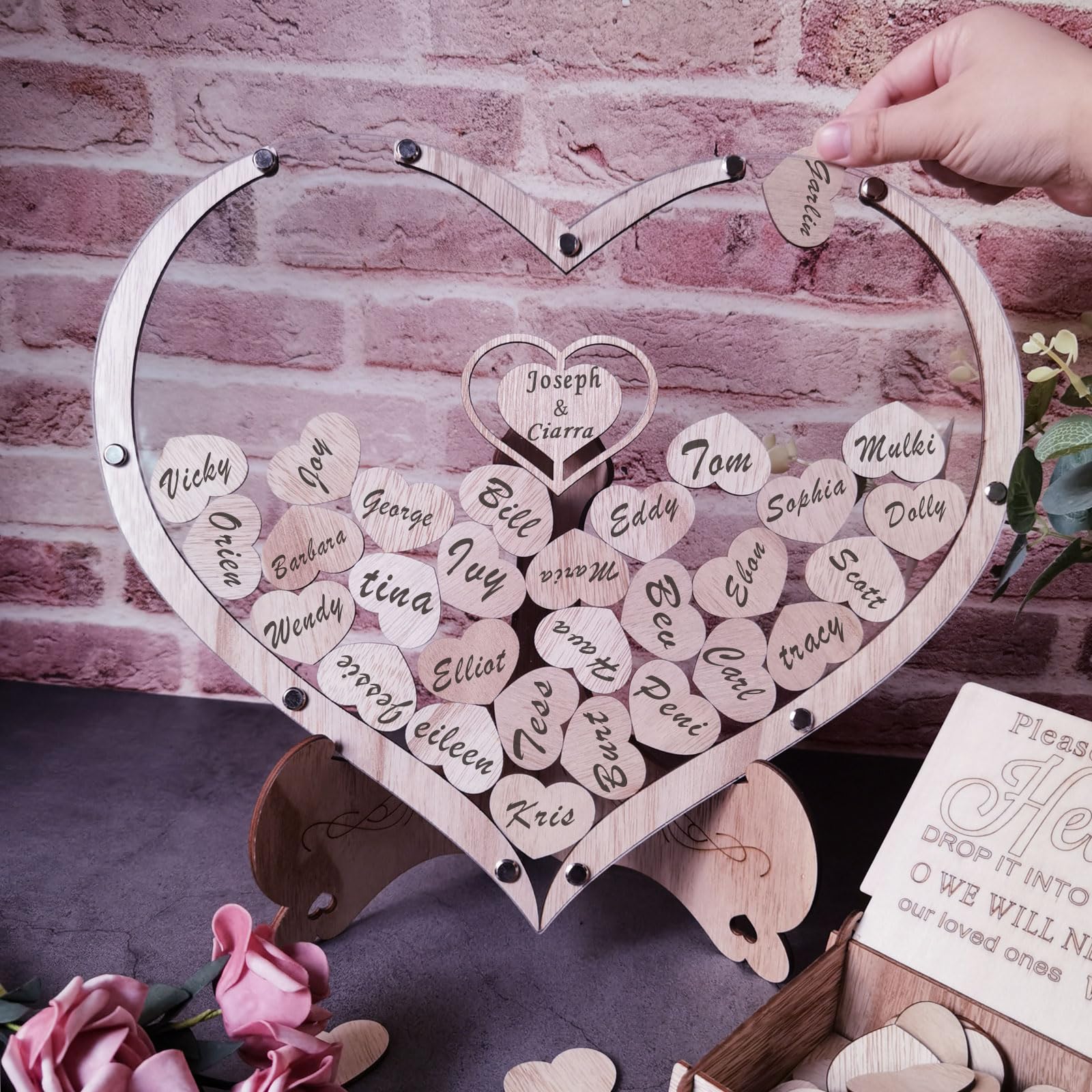 Herz Hochzeit Gästebuch Alternative, Holz Gästebuch Hochzeitsempfang mit 80 Holzherzen und Dropbox, rustikales Hochzeitsschild Dekor für Empfang und Zeremonie Party
