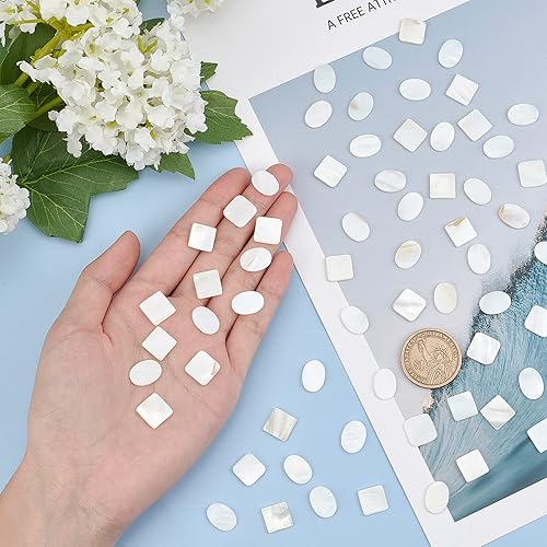 Miniatura 3 de GORGECRAFT 2 estilos, 100 piezas de azulejos de mosaico de nácar a granel, azulejos de concha natural, cuadrados blancos, redondos de nácar para