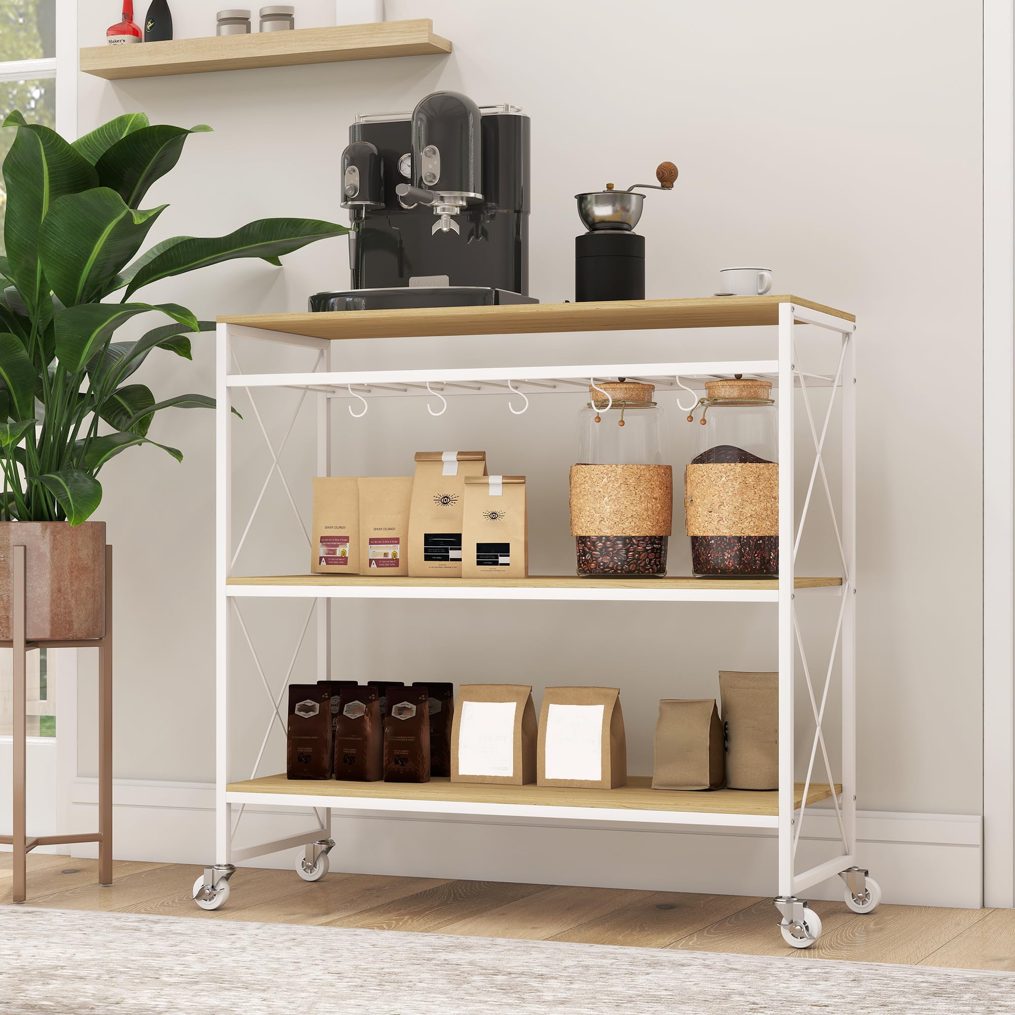 HOMCOM Carrello da Cucina a 4 Livelli con Portabottiglie e 5 Ganci Rimovibili, Carrello Portavivande Salvaspazio con Ruote a Freno in Legno e Metallo, 96.5x38x96.7 cm, Color Legno