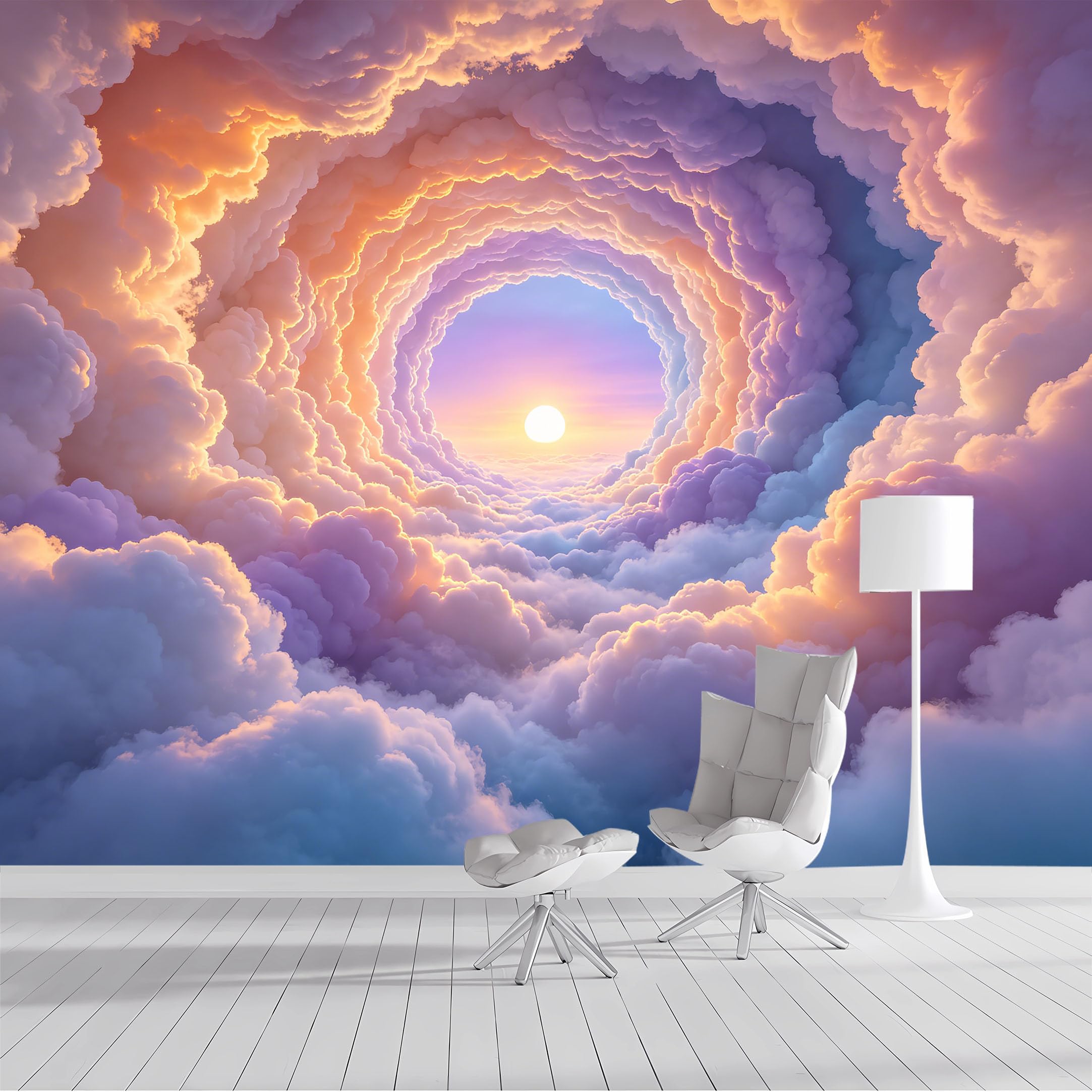 Custom Size Wall Mural Dreamy Cloud Tunnel Sunset Sky Surreal Landscape Watercolor SelfAdhesive Wall Fabric Removable Peel and Stick Wallpaper Wall Decor for Living Room Bedroom Bathroom