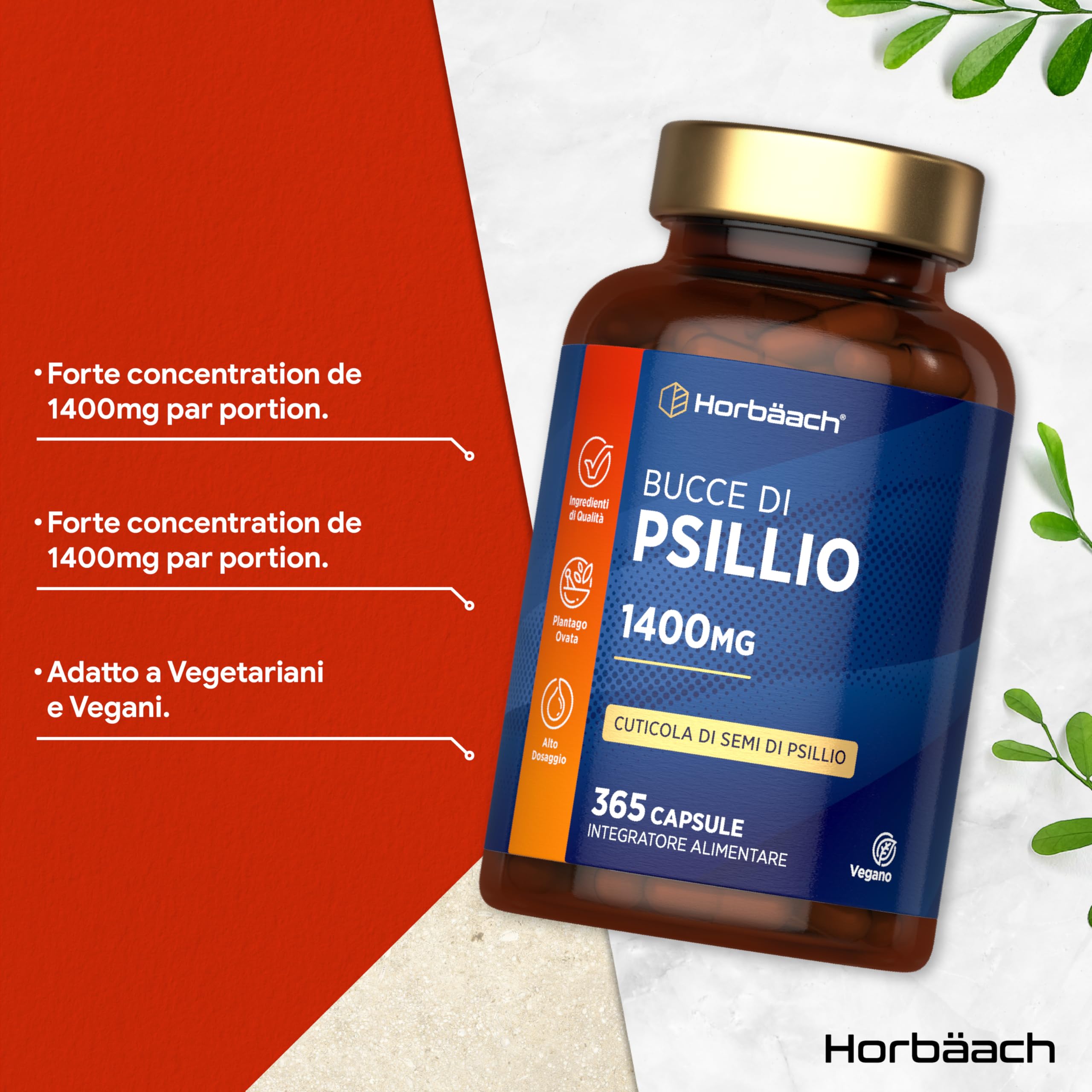 Psillio Capsule Alto Dosaggio 1400 mg | Buccia di Psillio in Polvere | 365 Capsule Vegane per 6 Mesi | Integratore di Fibre | Prebiotico Naturale | Psyllium Husk | by Horbaach