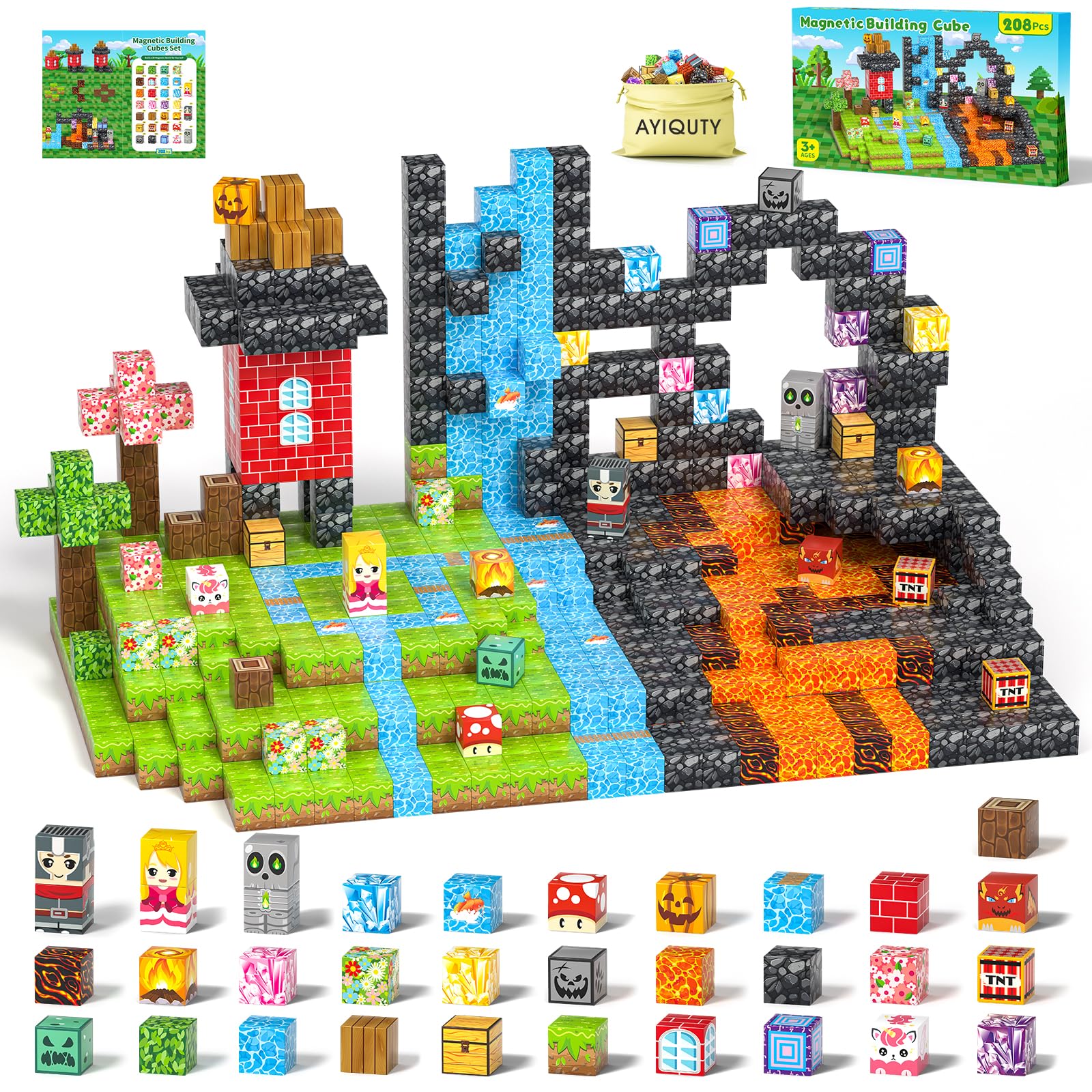 Magnetische Bausteine, 208PCS Magnet Würfel Kinder, 23 Elemente Magnetbausteine, Kreative Magnetic Blocks Set für Kinder, Magnetspiel Spielzeug Geschenk ab 3 4 5 6 7 8 9+ Jahre Junge und Mädchen