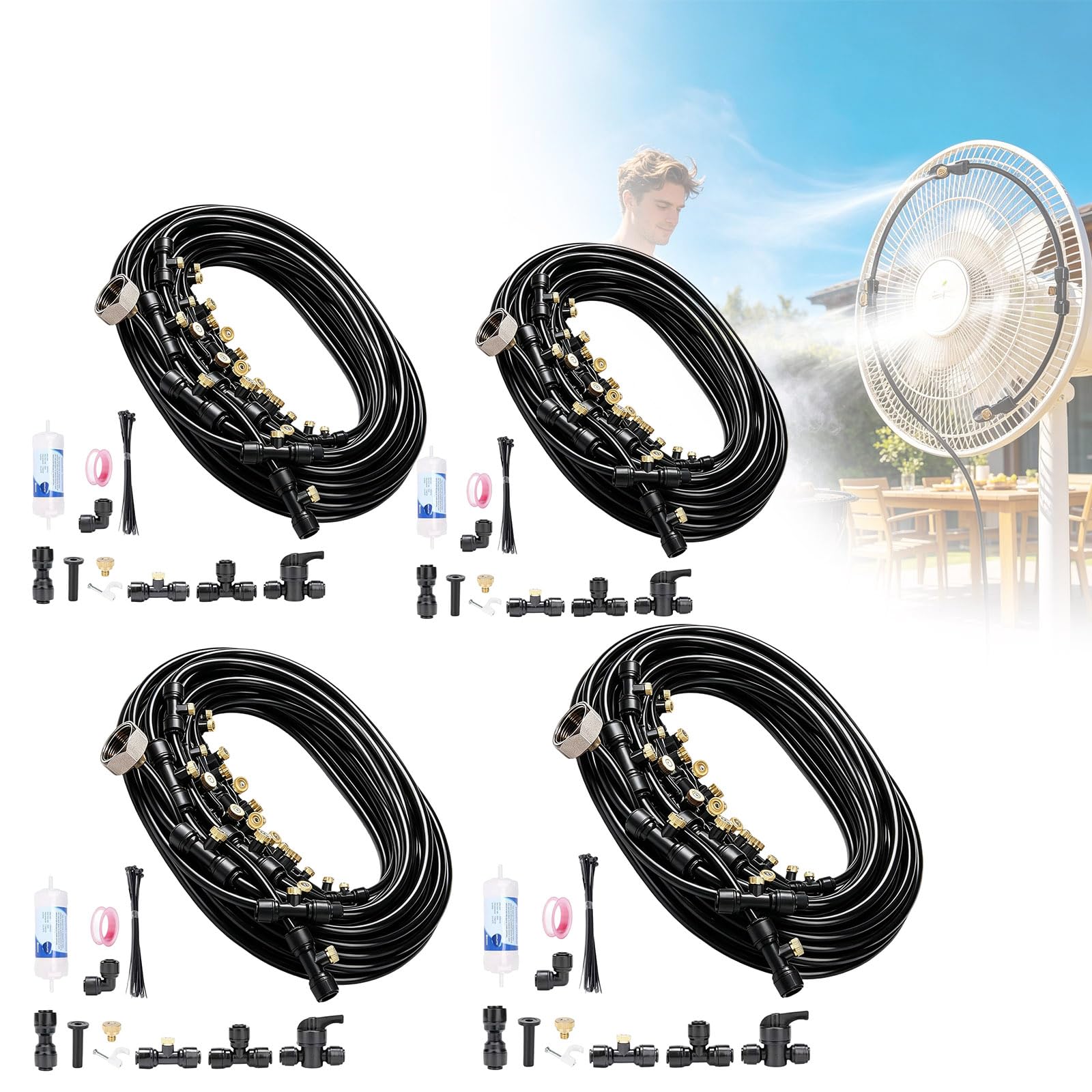 Brumisateur Terrasse Exterieur 18M, Brumisateur Extérieur 19 Buses + Raccord 3/4", Kit de Refroidissement par Brumisation, Système de Brumisation pour Jardin Serre Animaux(18M/11pcs)