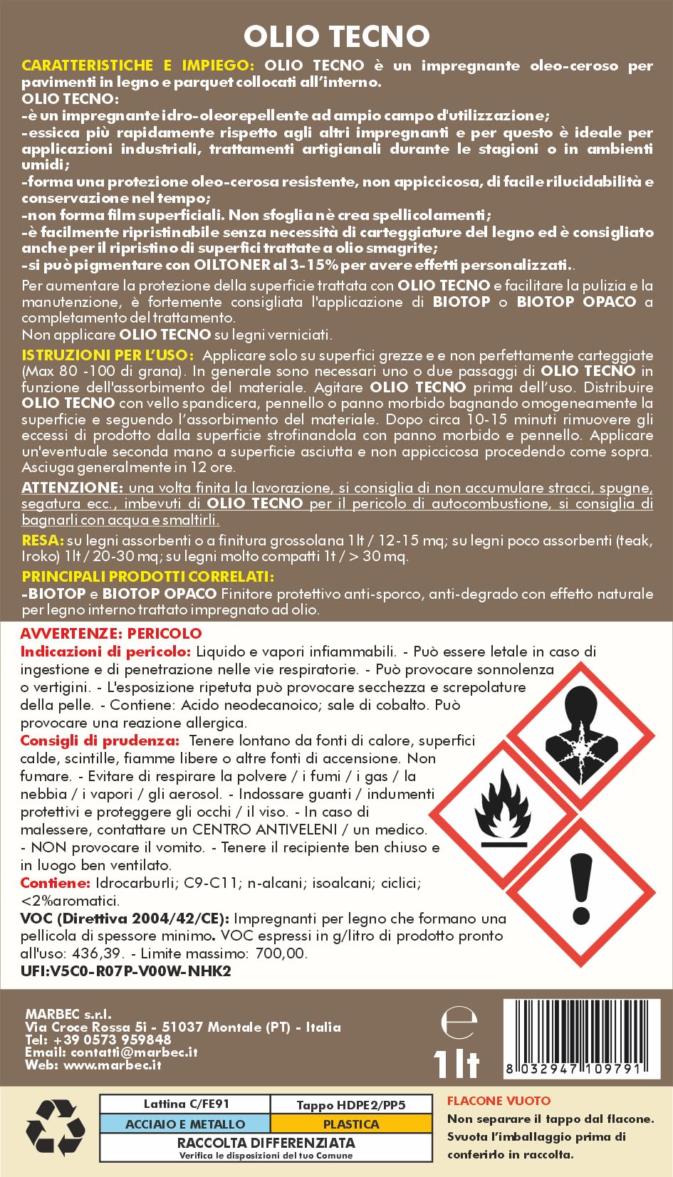MARBEC OLIO TECNO 1LT Impregnante per legno interno a rapida essiccazione anche nelle stagioni umide. Non crea film e lascia al materiale un aspetto naturale.