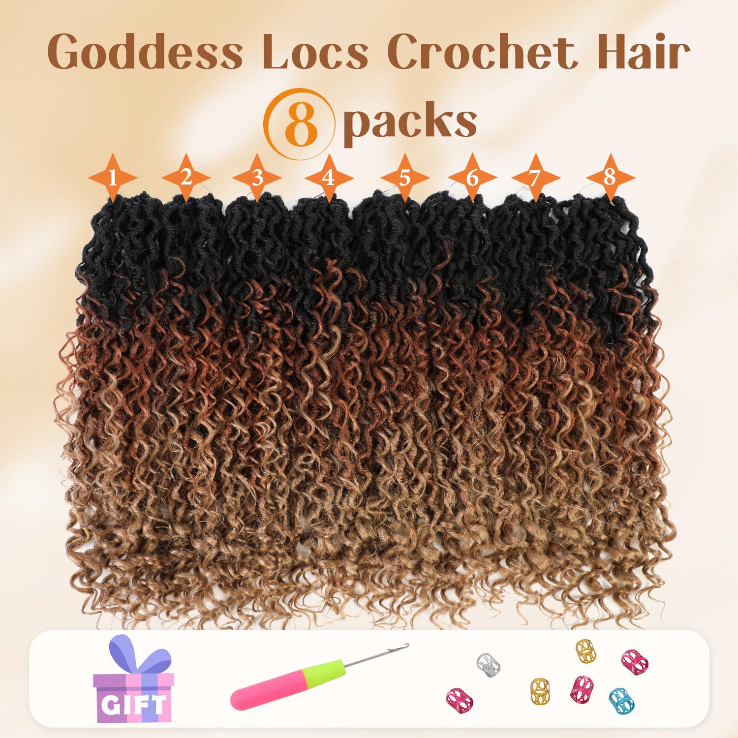 Callia Faux Locs Crochet Hair 18 Inch 8 Packs Goddess Locs Crochet Hair for Black Women Pre Looped Crochet Faux Locs with Curly Ends T1B/30/27