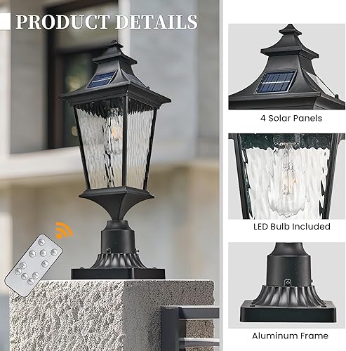 Miniatura 4 de Lámpara solar de aluminio de 20.7 pulgadas, luces de poste de exterior de gran tamaño, con cable duro con ondas de agua, vidrio negro, postes de