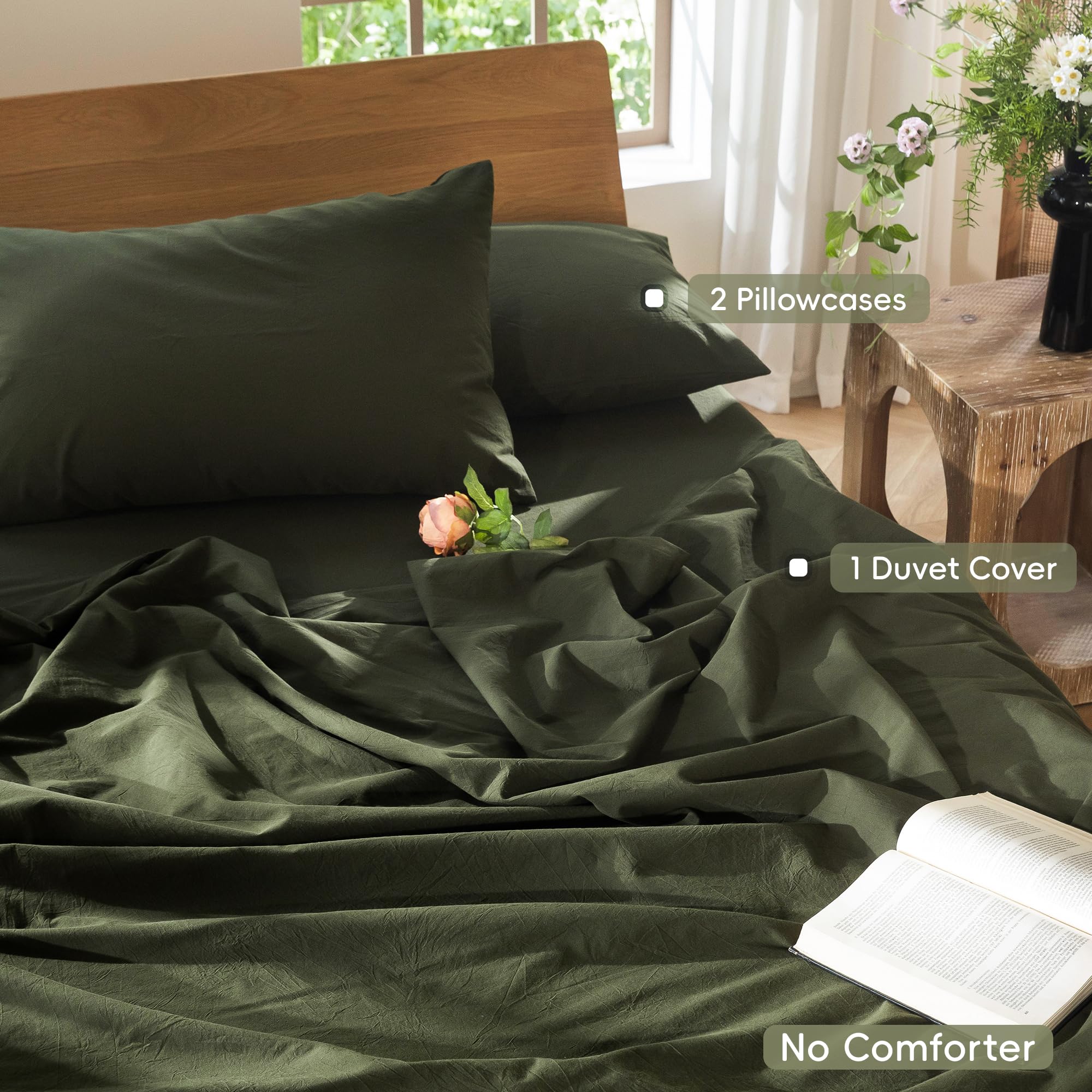 MooMee Bedding Duvet Cover Set 100% Washed Cotton Linen Like Textured Breathable Durable Soft Comfy (Olive Green, Queen) - 4
