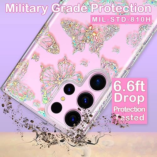 Miniatura 6 de Coolwee Funda transparente con purpurina para Galaxy S23 Ultra  6.8 pulgadas, diseño de flores, diseño de mariposa de cristal, para mujeres y niñas,