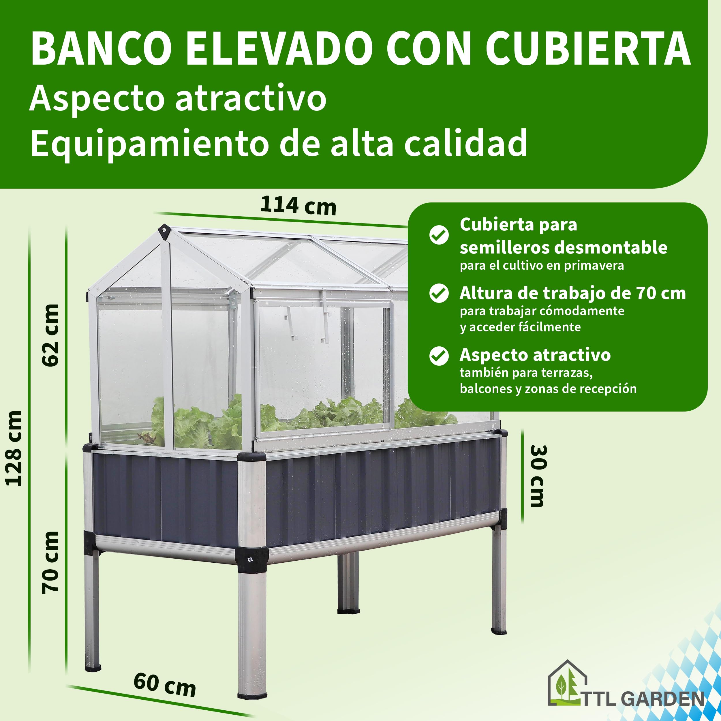 TTL Garden "Superior" - Bancal alto de aluminio con accesorio para semillero - 128 x 114 x 60 cm, gran aluminio de alta calidad con cubierta de invernadero, puertas y techo de policarbonato