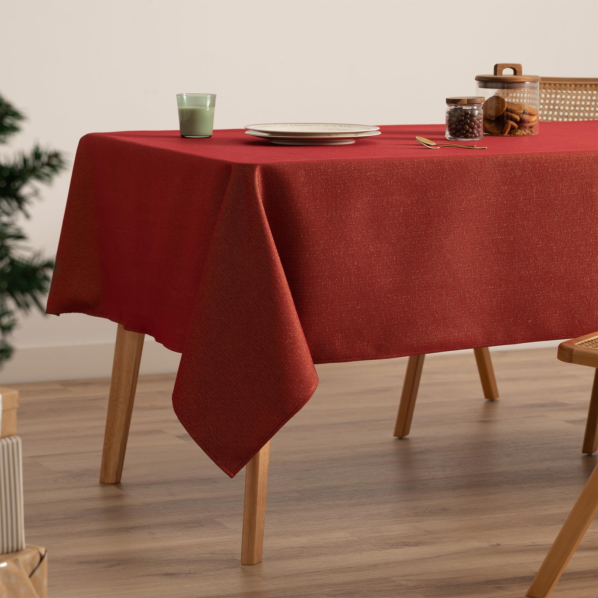 GAMUSI Mantel Navidad Liso Hilo Dorado Mesa Comedor Rectangular Decoración Navideña 140x200 cm Color Rojo