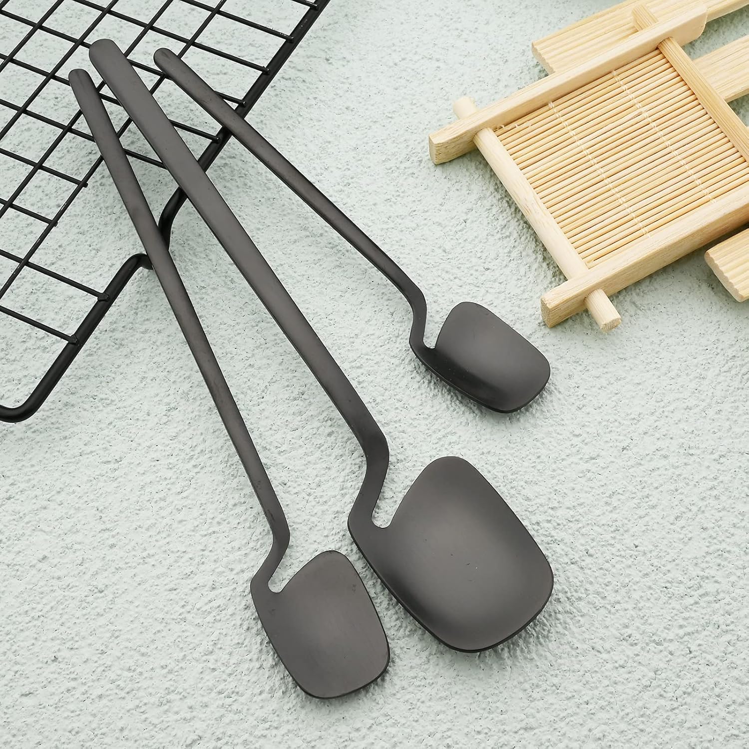 Unique Cute 42-Piece Black Flatware Silverware Sets Hangable 304 Stainless Steel Reusable Cutlery Kitchen Utensils Service for 6, Satin Finished, Dishwasher Safe