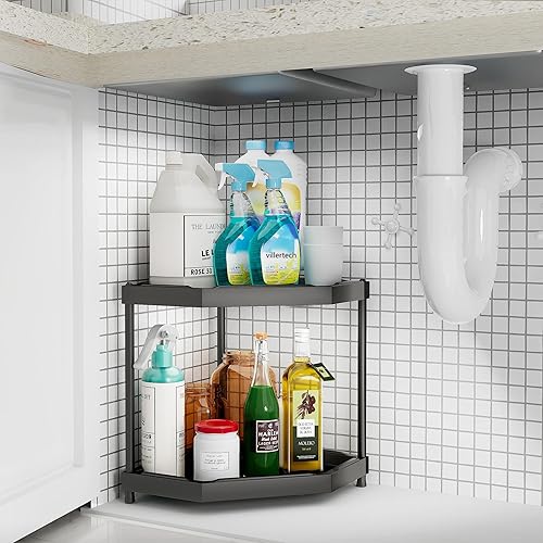 Vista 4 de Estante de esquina de cocina para encimera, organizador de encimera de baño de 2 niveles, estante de almacenamiento de esquina, estante de especias
