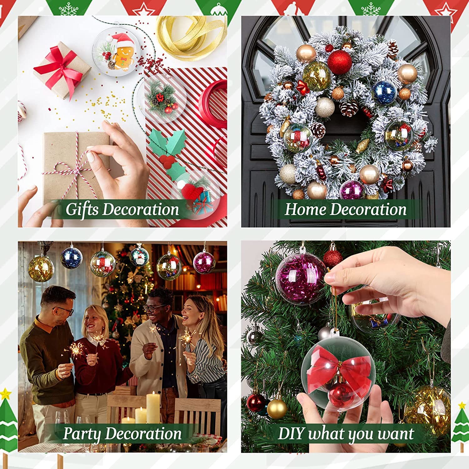 liovitor 72 palline di Natale riempibili in plastica trasparente, 8 cm, fai da te, ornamento per albero di Natale, decorazioni artistiche e