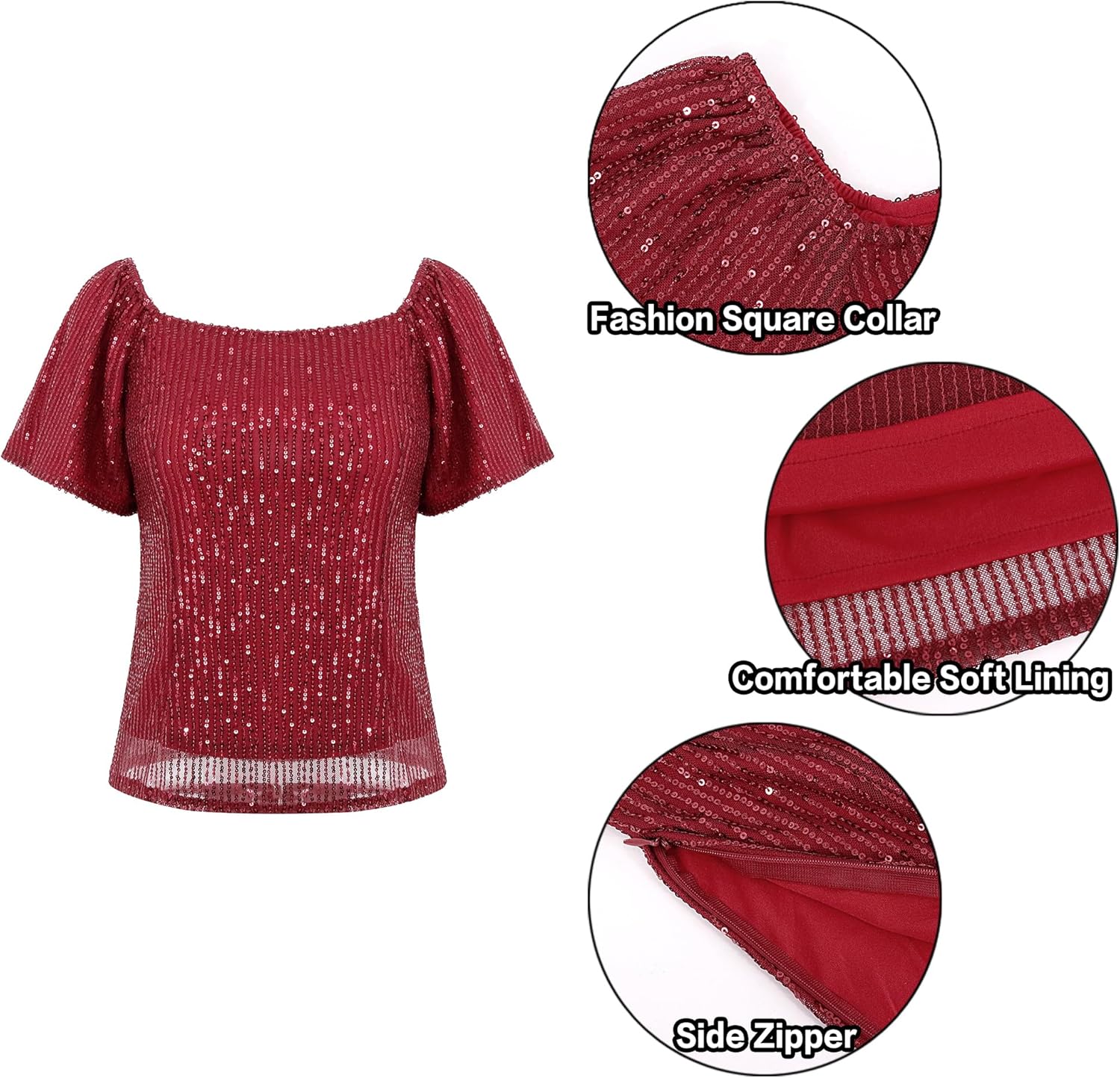 Testudineus Womens Sequin Square Collar T-Shirt Short Sleeve Sparkly Crop Shirt Glitter Concert Disco Party Club Top Tee - Image 7