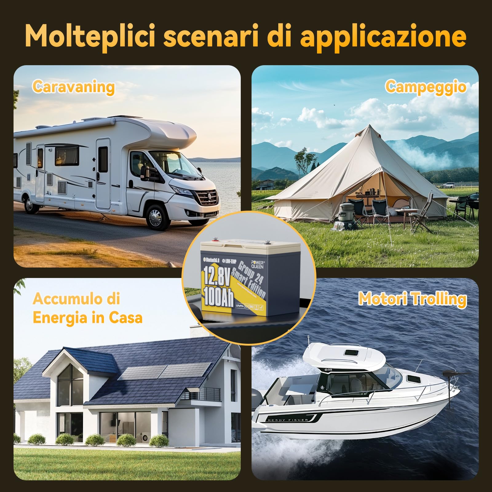 Power Queen Batteria al litio 12V 100Ah con Bluetooth, Dimensione G24 | Con BMS 100A e protezione basse temp., fino a 15.000 cicli. Perfetta per Camper, Campeggio, Motori Pesca e Solare, 2pack