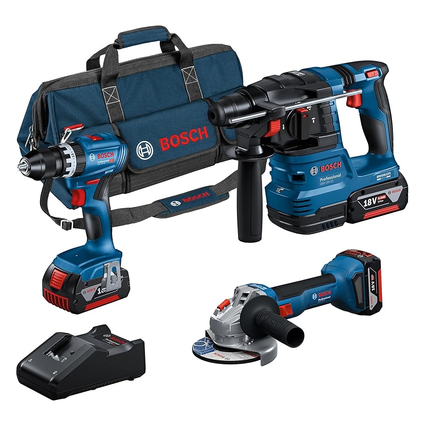 Bosch Professional 18V System Combo kit a batteria: GSB 18V-45 + GBH 18V-22 + GWS 18V-8 (incl. 3 batterie GBA 4.0Ah, GAL 18V-40, borsa degli attrezzi) - Amazon Exclusive