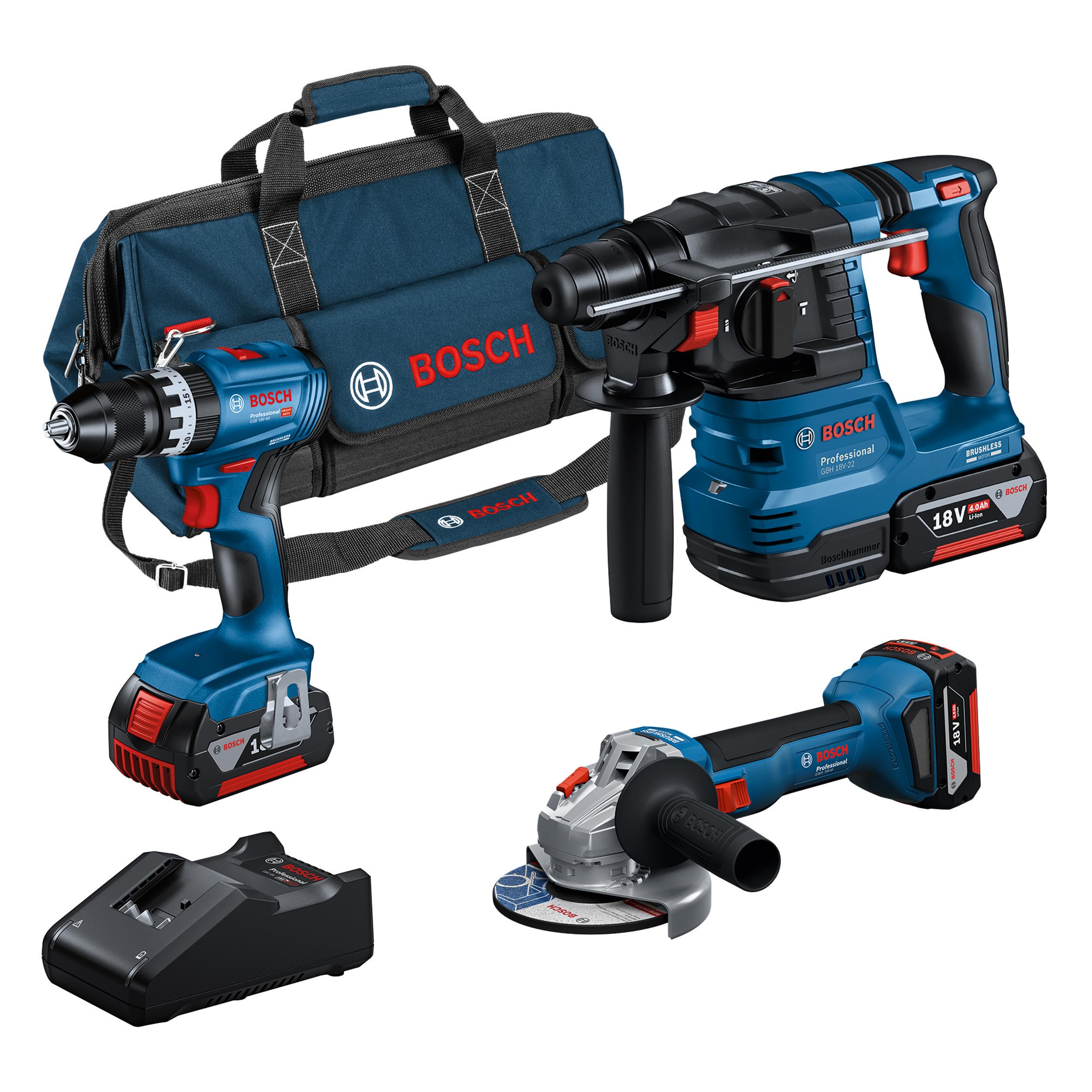 Bosch Professional 18V System Combo Kit: GSB 18V-45 + GBH 18V-22 + GWS 18V-8 (incl. 3GBA 4.0Ah, GAL 18V-40, Case - Amazon Exclusive