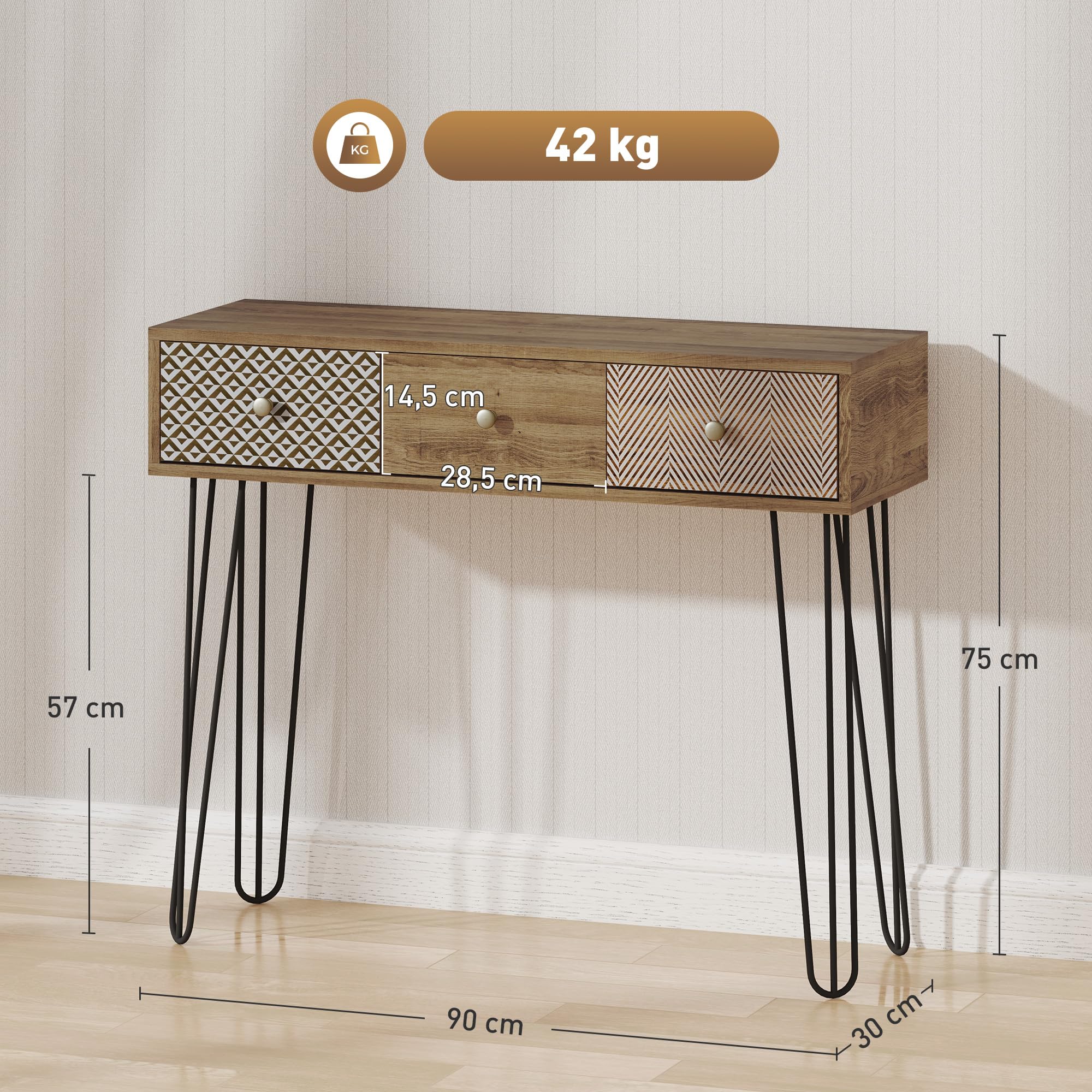 HOMCOM Mesa de Consola, Mesa de Sofá con 3 Cajones Estrecha, Natural