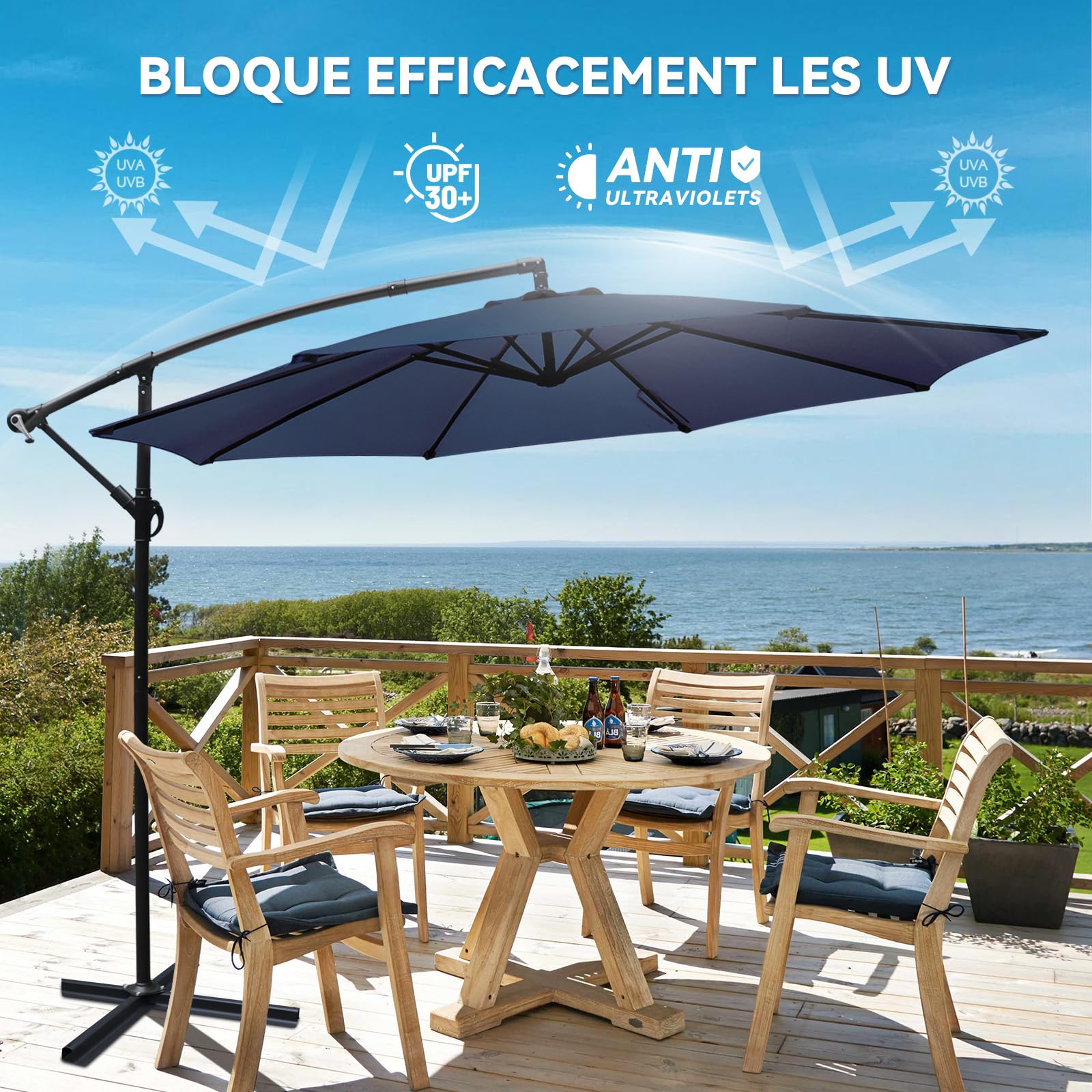 YU YUSING Parasol Déporté Inclinable 3x3M avec Manivelle, Pied Housse, Anti-UV UPF50+, Grand Parasol de Jardin Balcon Terrasse Patio, Inclinable, Imperméable, 8 Armatures Ultra-Résistantes