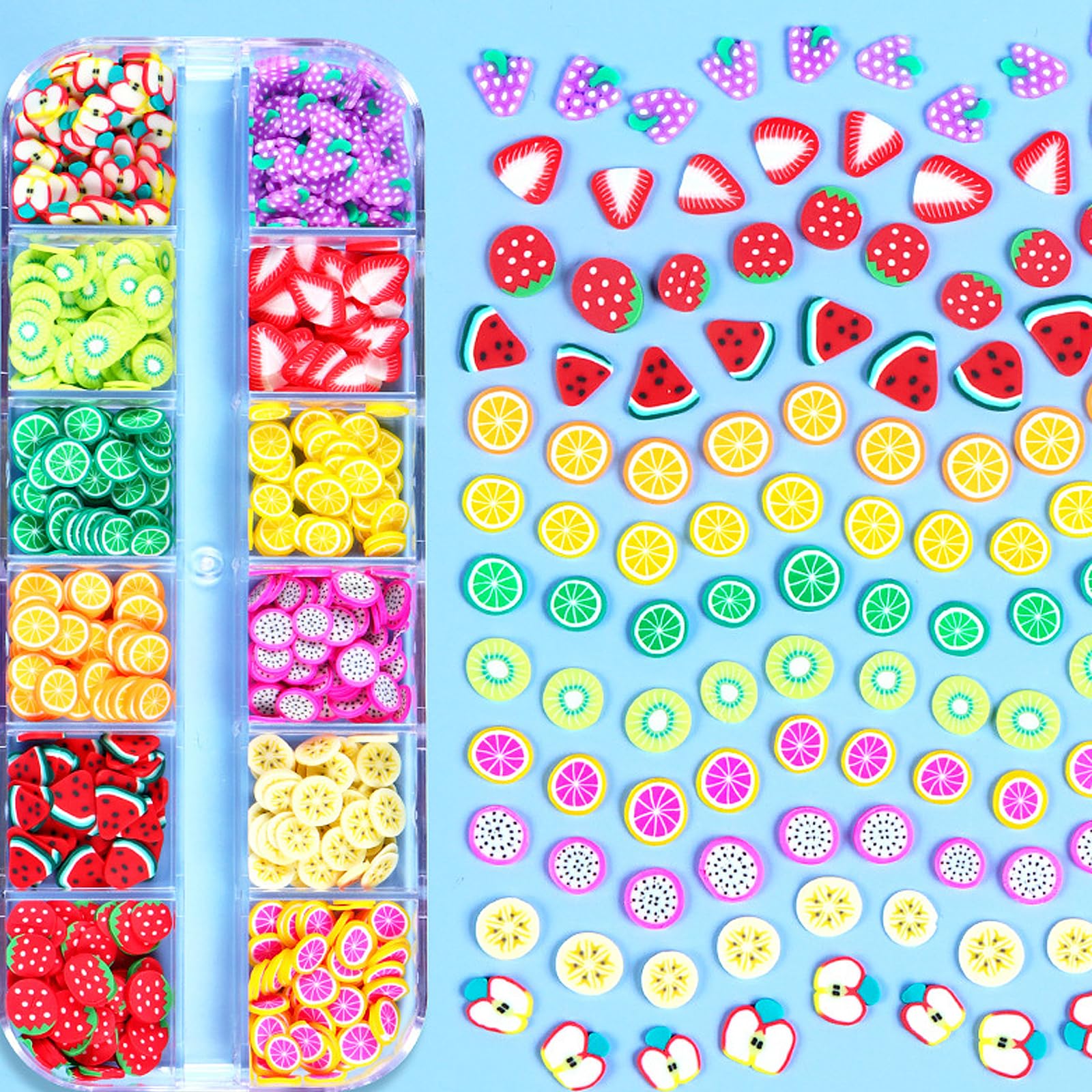 12 Grids 3D Nail Art Slices Strawberries Fruit Nail Stickers Soft Pottery Slices Flakes Nail Charms DIY Nail Art Decor Resin Making Charms Fruit Slices Charms for Nails Decor