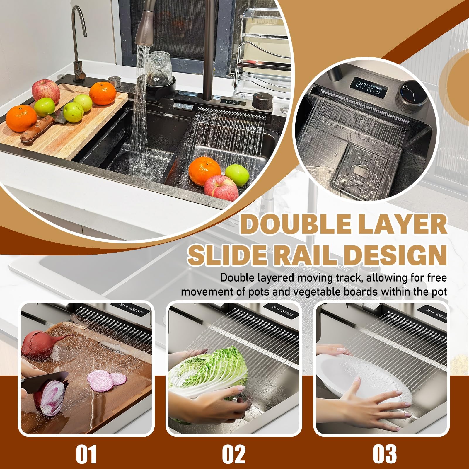 Zlewozmywak kuchenny ze stali nierdzewnej z wyświetlaczem temperatury - duża pojemność wodospad stacja robocza akcesoria do kampera trwały i stylowy design