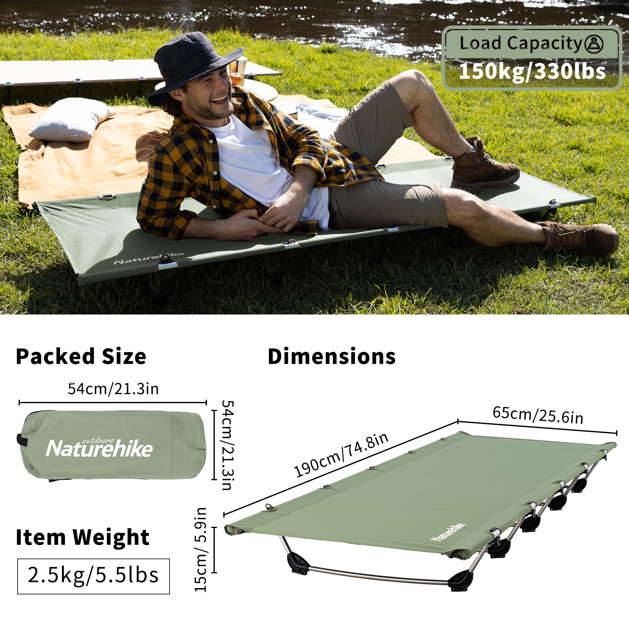 Naturehike Campingbett Ultraleichtes Feldbett Tragbares Faltbares Klappbett für Erwachsene Schlafen Belastbarkeit bis 150kg Campingliege für Zelten Wandern Home Rucksackreisen
