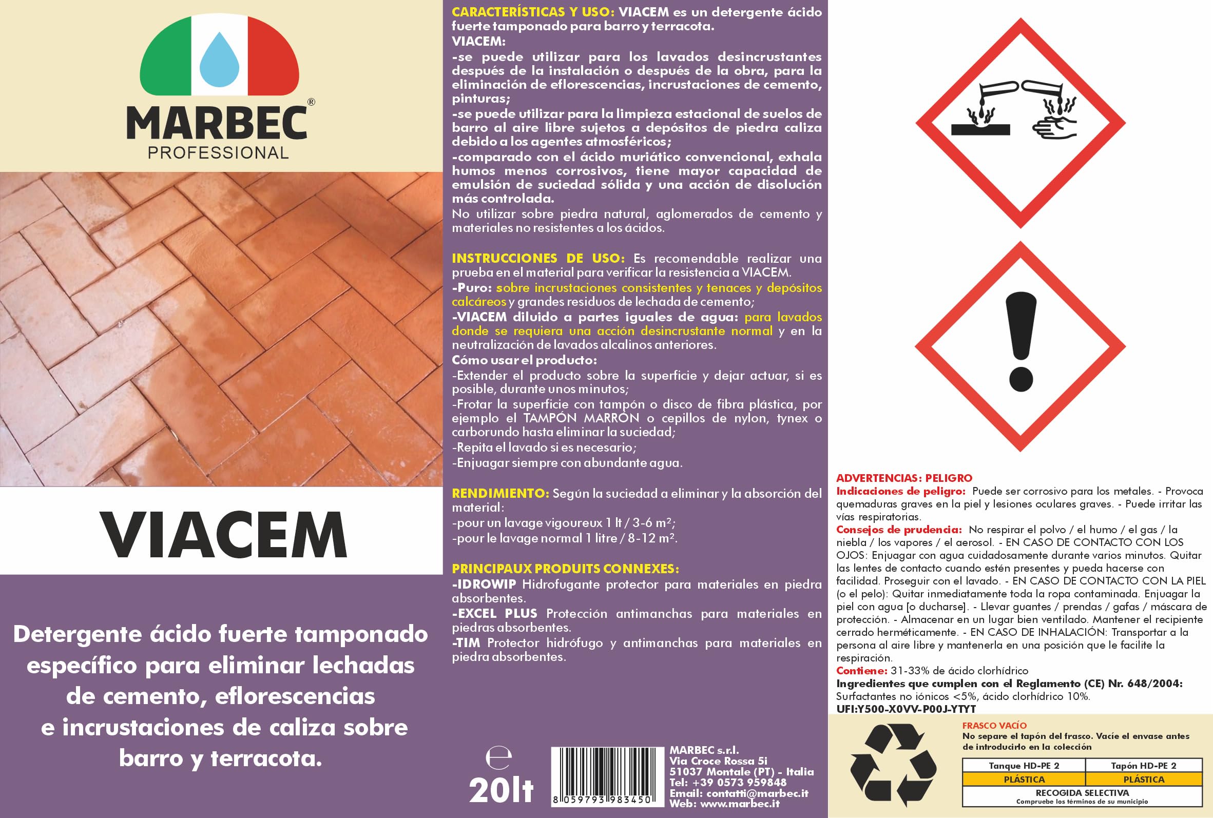 MARBEC VIACEM 20LT Potente detergente ácido tamponado para terracota. Elimina incrustaciones y lechadas de cemento, ideal para la limpieza de terracota después de la obra.