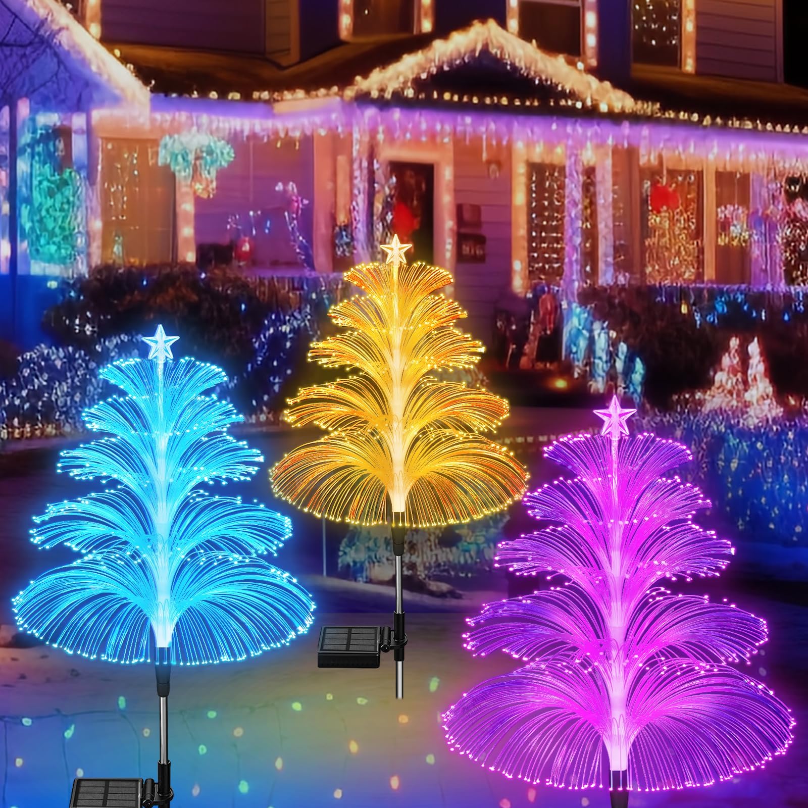 Solar Christmas Decorations Trees Lights Outdoor Waterproof Solar Christmas Tree Jellyfish Lights 5 Layer Optical Fiber 7 Color Changing for Pathway Lawn Patio Outside Decorative, 3PCS
