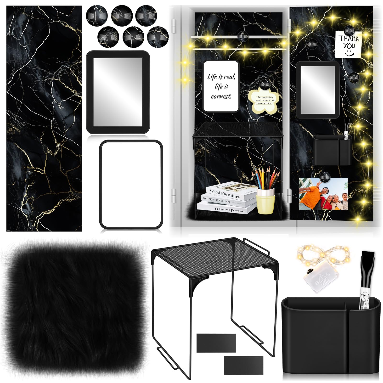 Locker Organizer Kit+Locker Magnetic Wallpaper (Black Gold Marble)